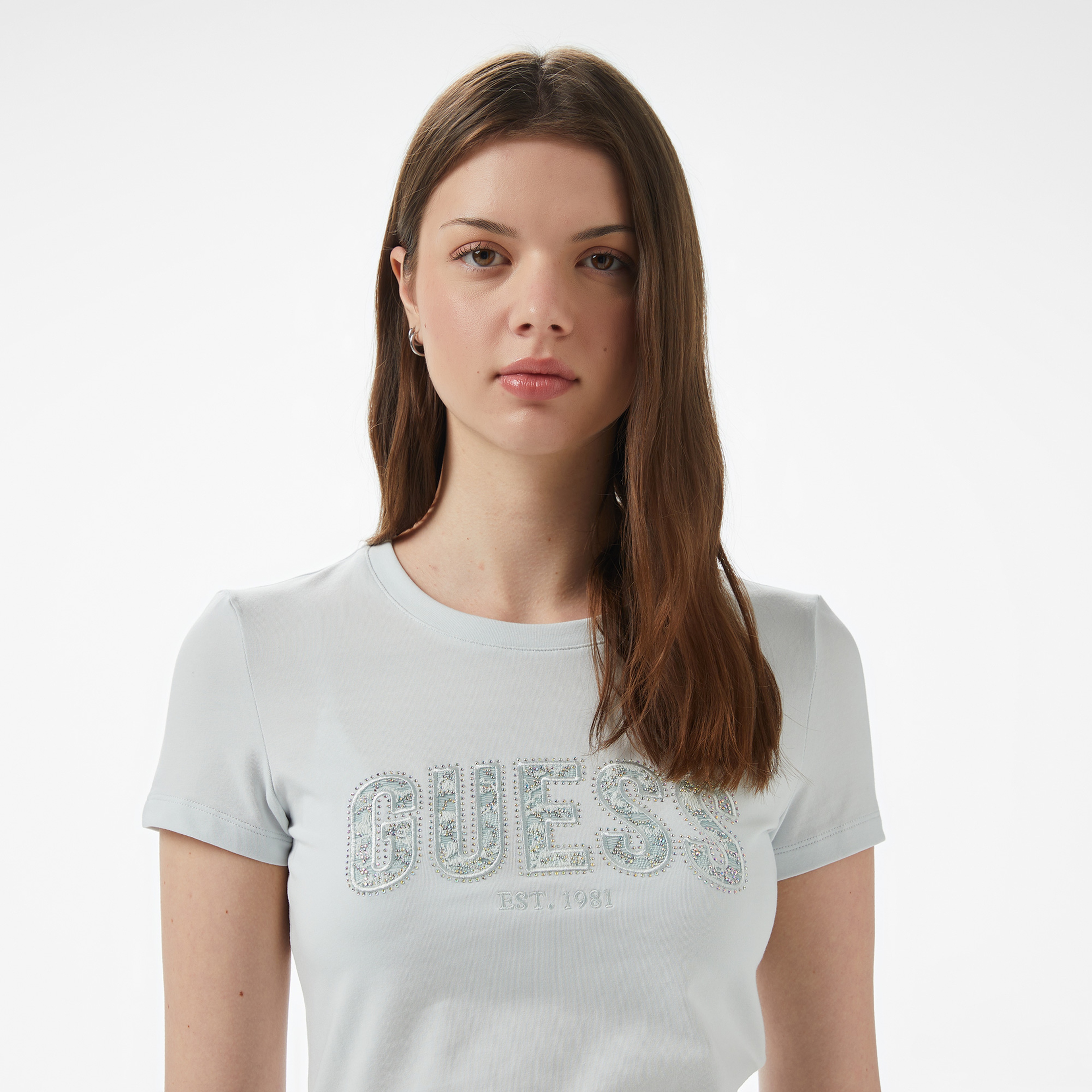 Guess Cn Ss Logo Lace Tee  Kadın Mavi T-Shirt