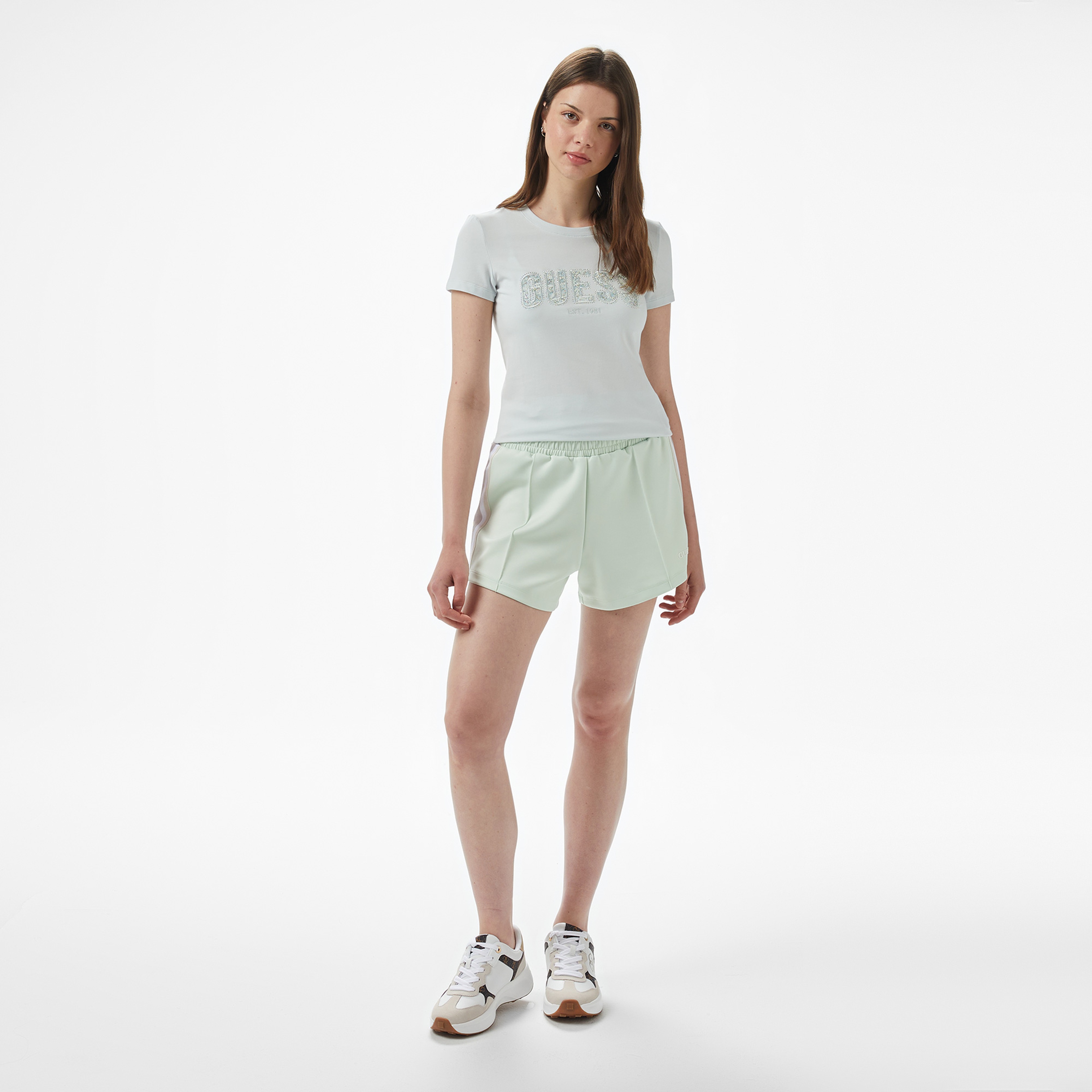 Guess Cn Ss Logo Lace Tee  Kadın Mavi T-Shirt