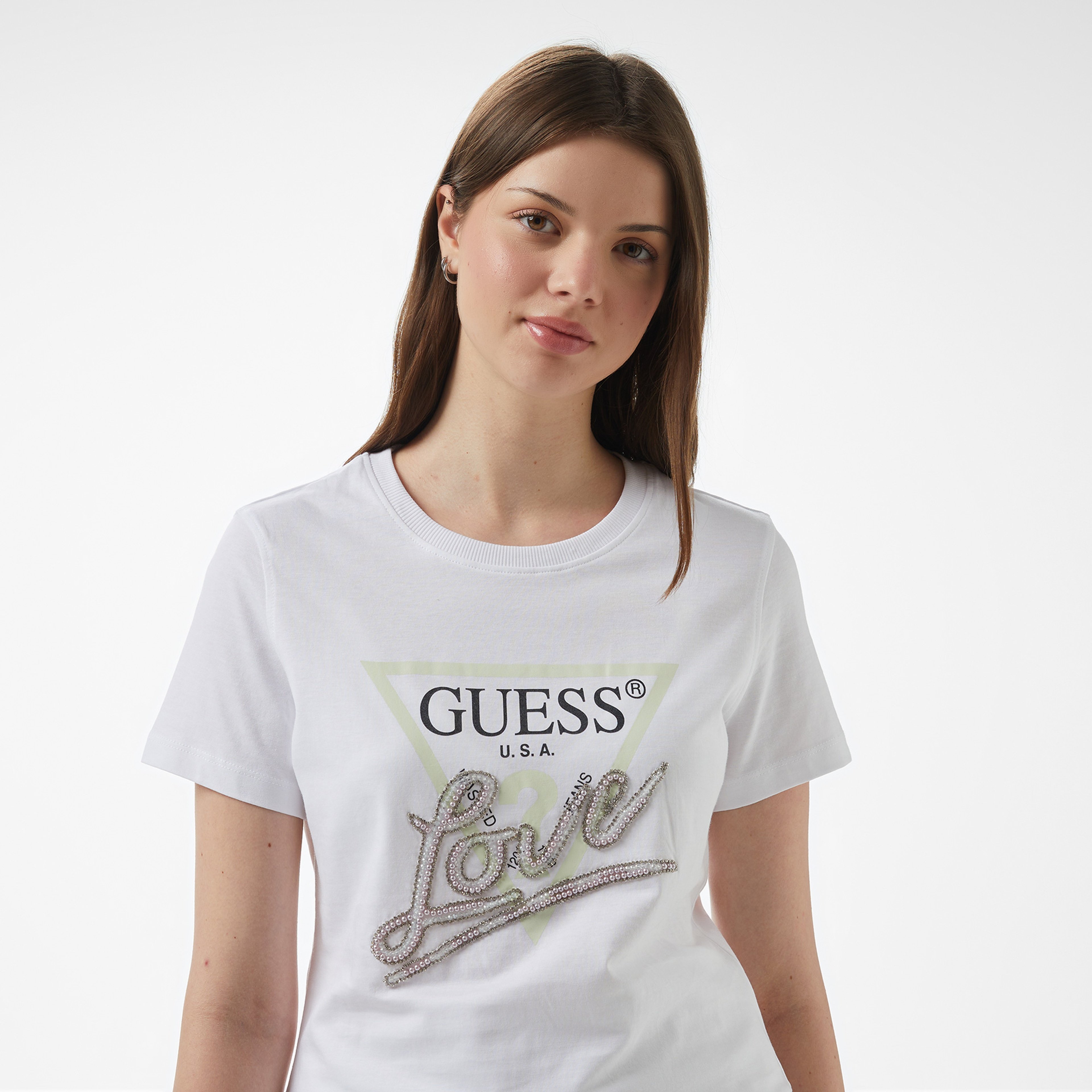 Guess Cn Ss Love Triangle Kadın Beyaz T-Shirt