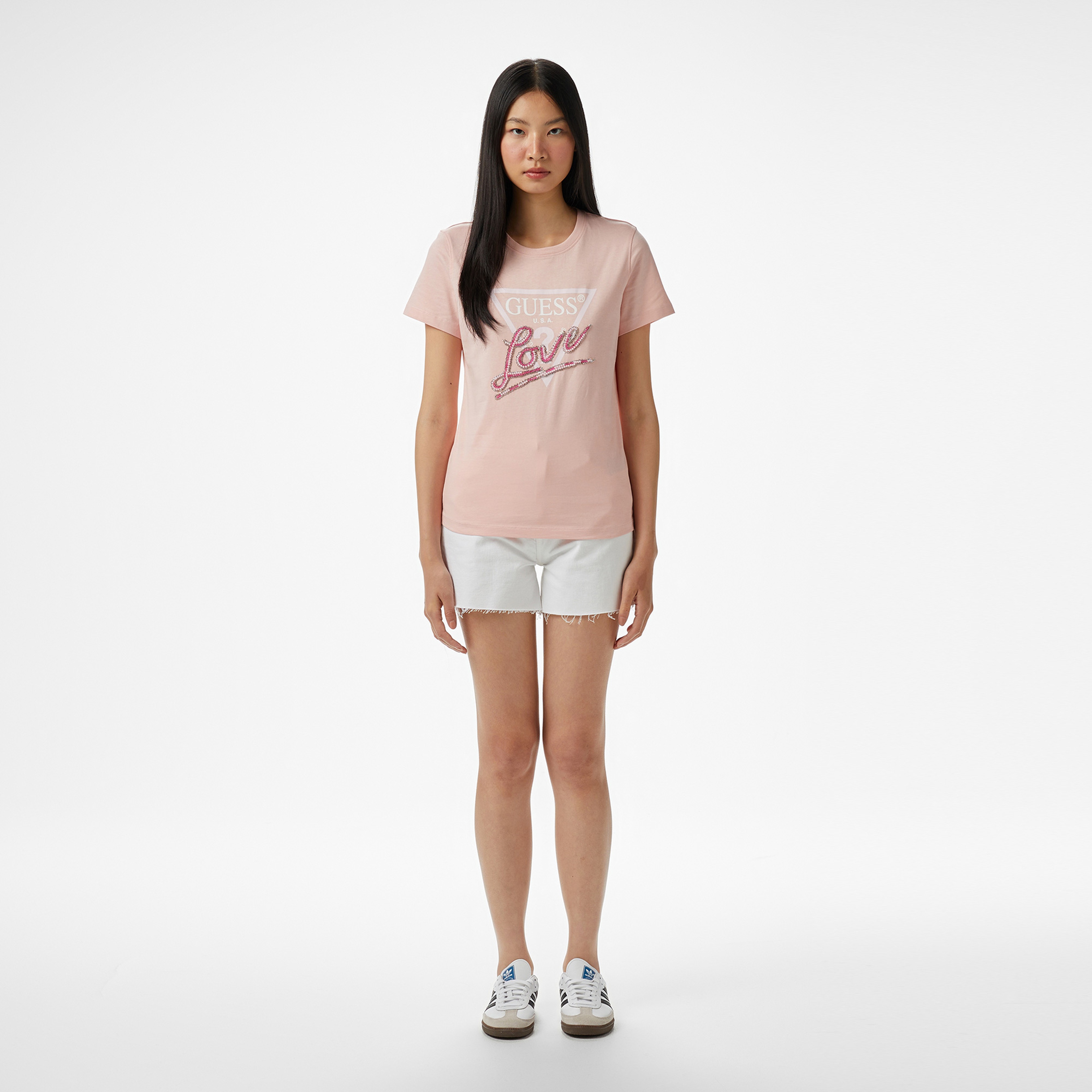 Guess Cn Ss Love Triangle  Kadın Pembe T-Shirt
