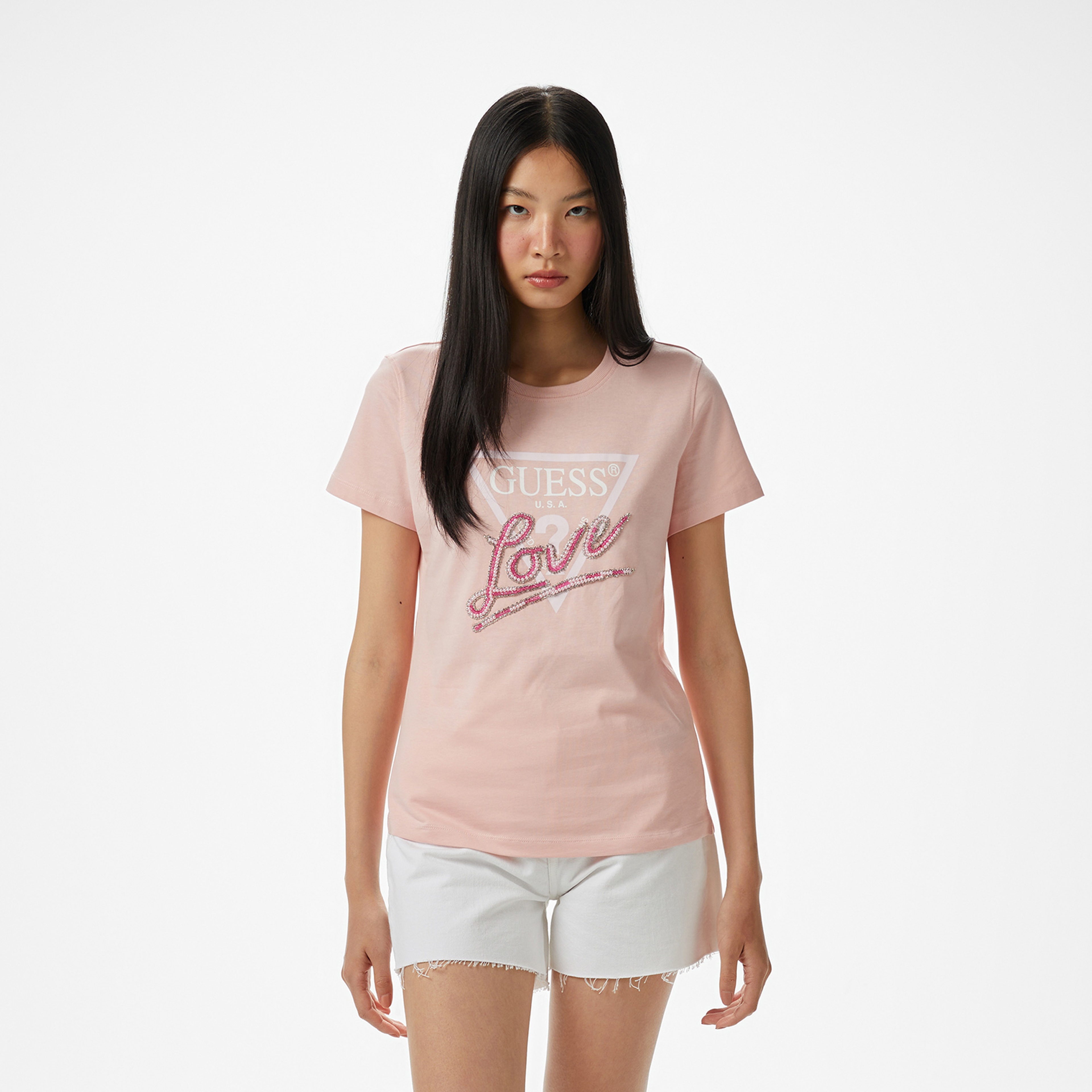 Guess Cn Ss Love Triangle  Kadın Pembe T-Shirt