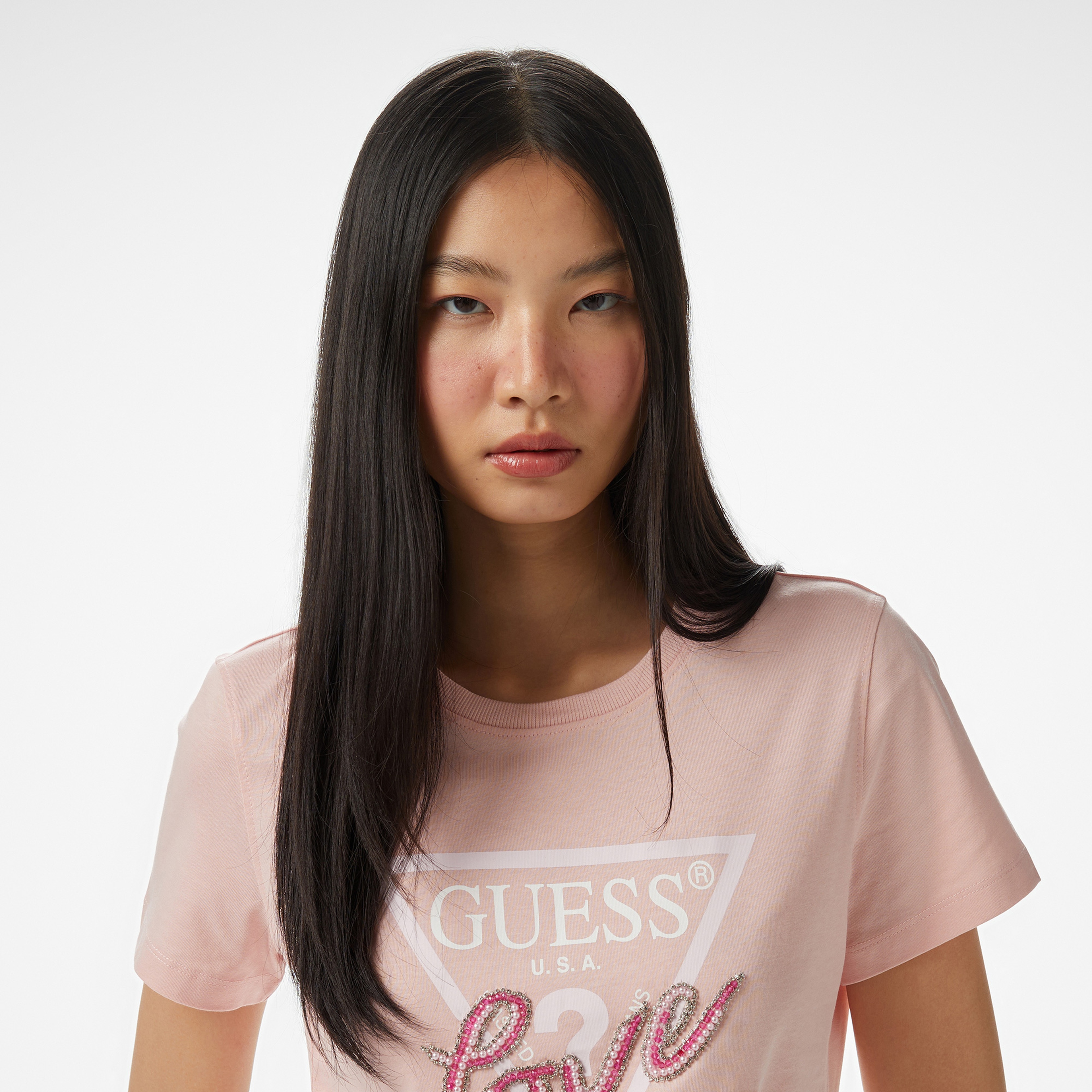 Guess Cn Ss Love Triangle  Kadın Pembe T-Shirt