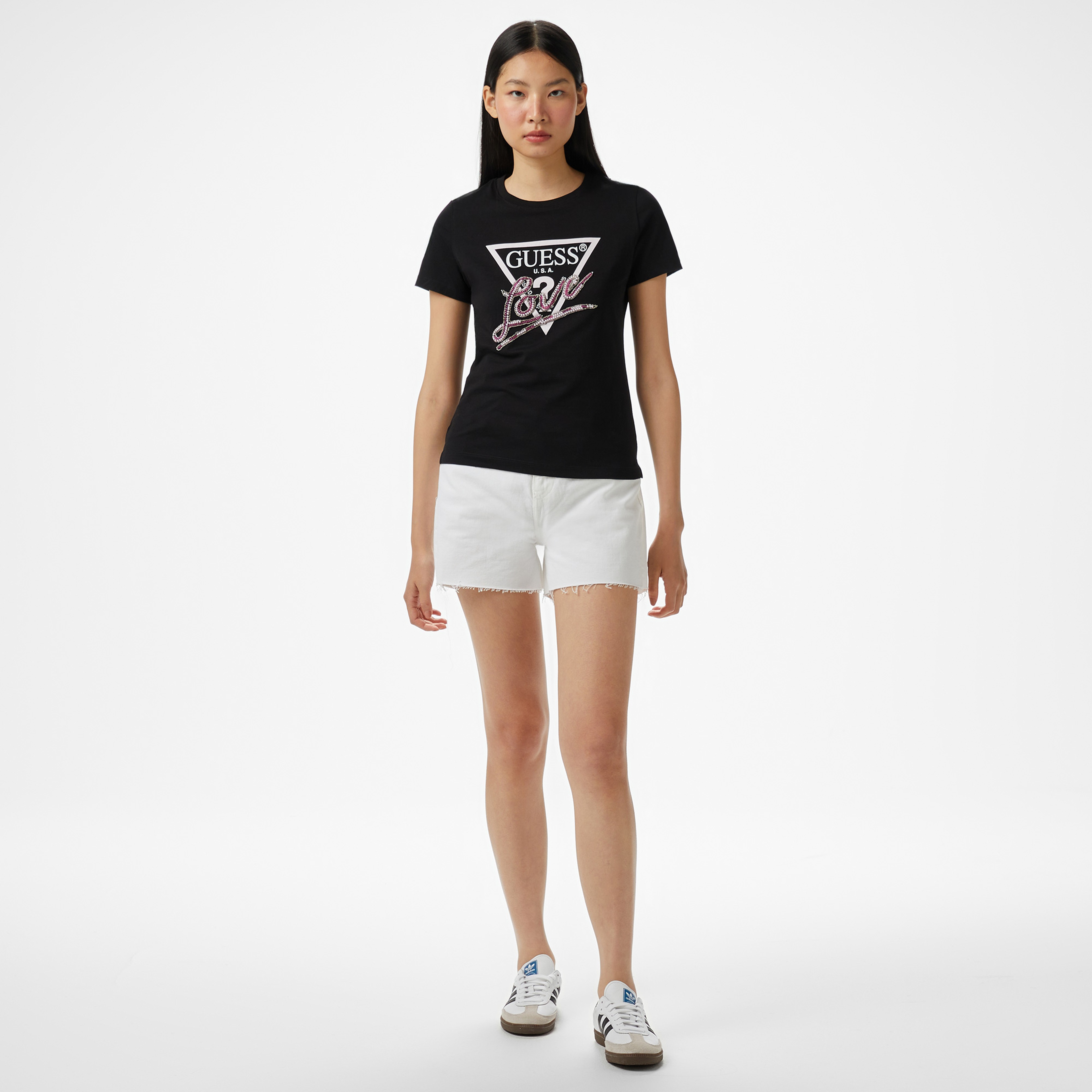 Guess Cn Ss Love Triangle Kadın Siyah T-Shirt