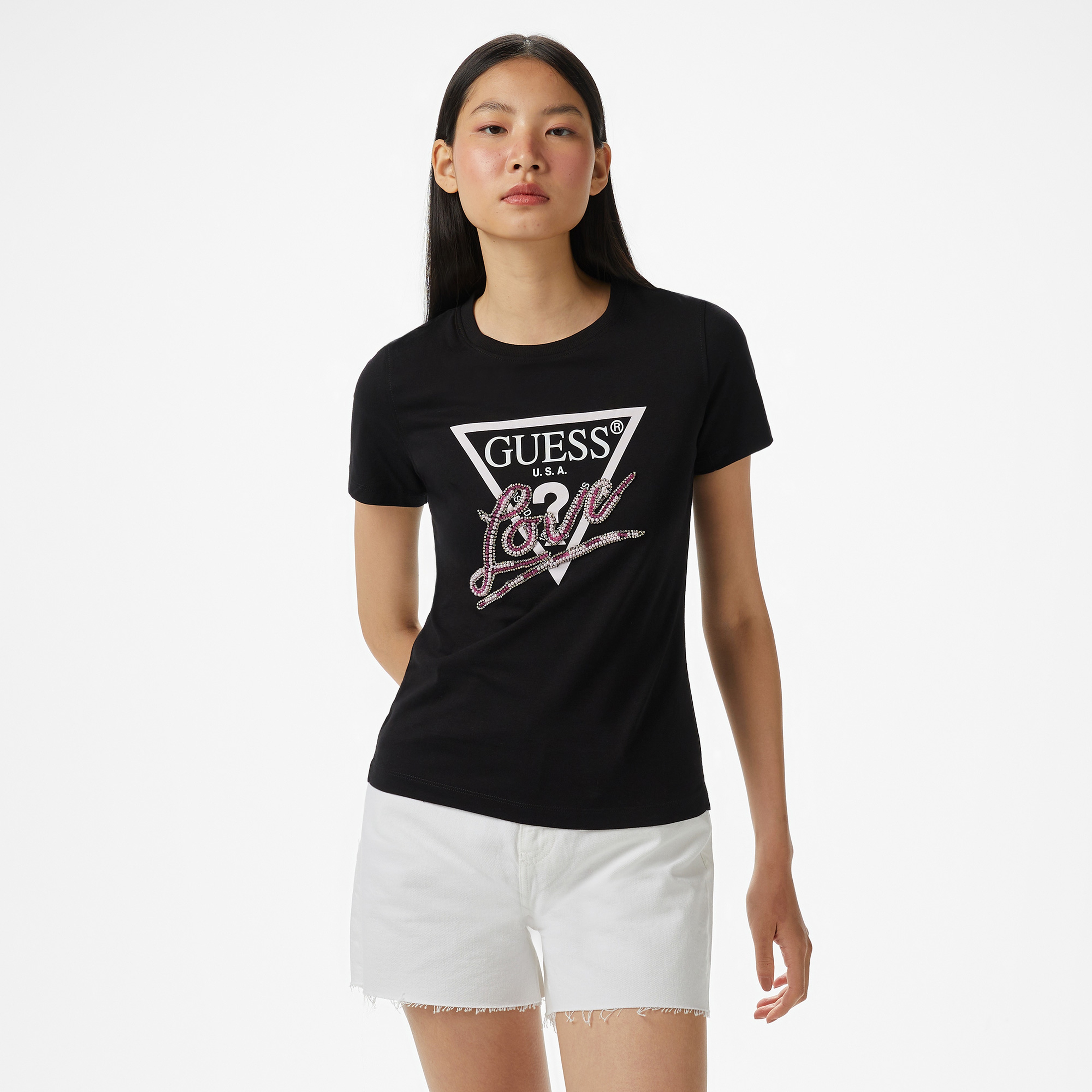 Guess Cn Ss Love Triangle Kadın Siyah T-Shirt