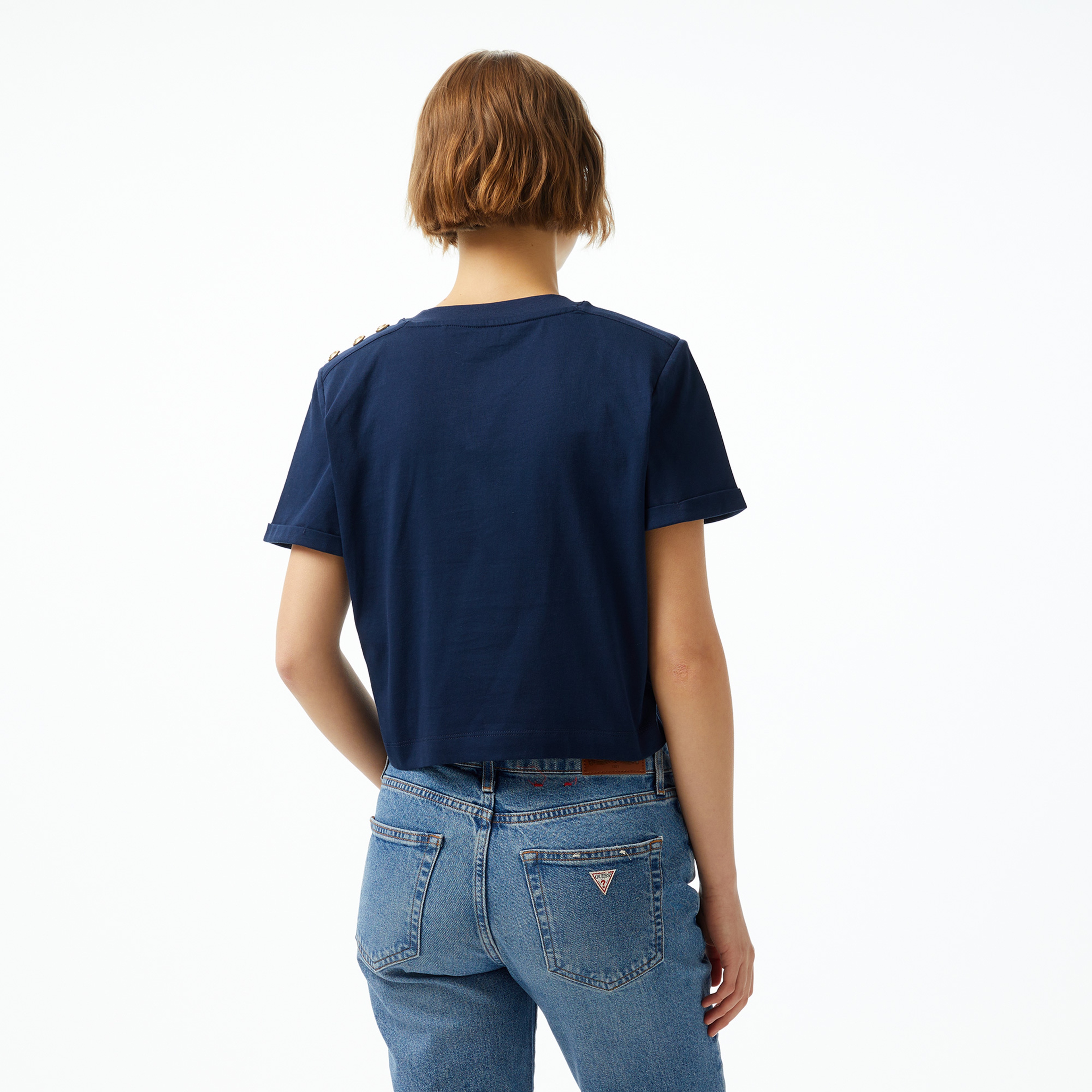 Guess Cn Cropped Washed Mid Organic Heavy 205 Kadın Lacivert T-Shirt