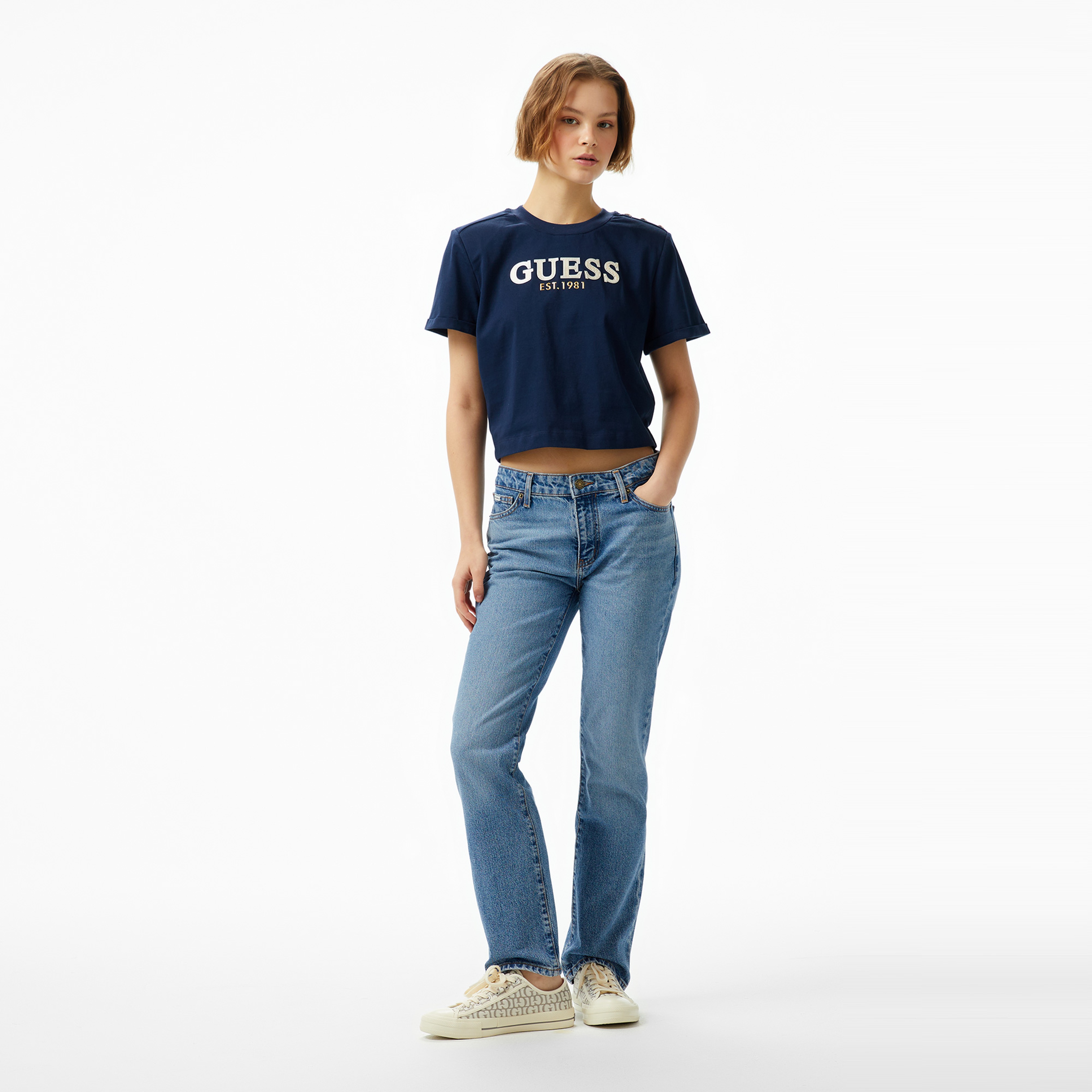 Guess Cn Cropped Washed Mid Organic Heavy 205 Kadın Lacivert T-Shirt