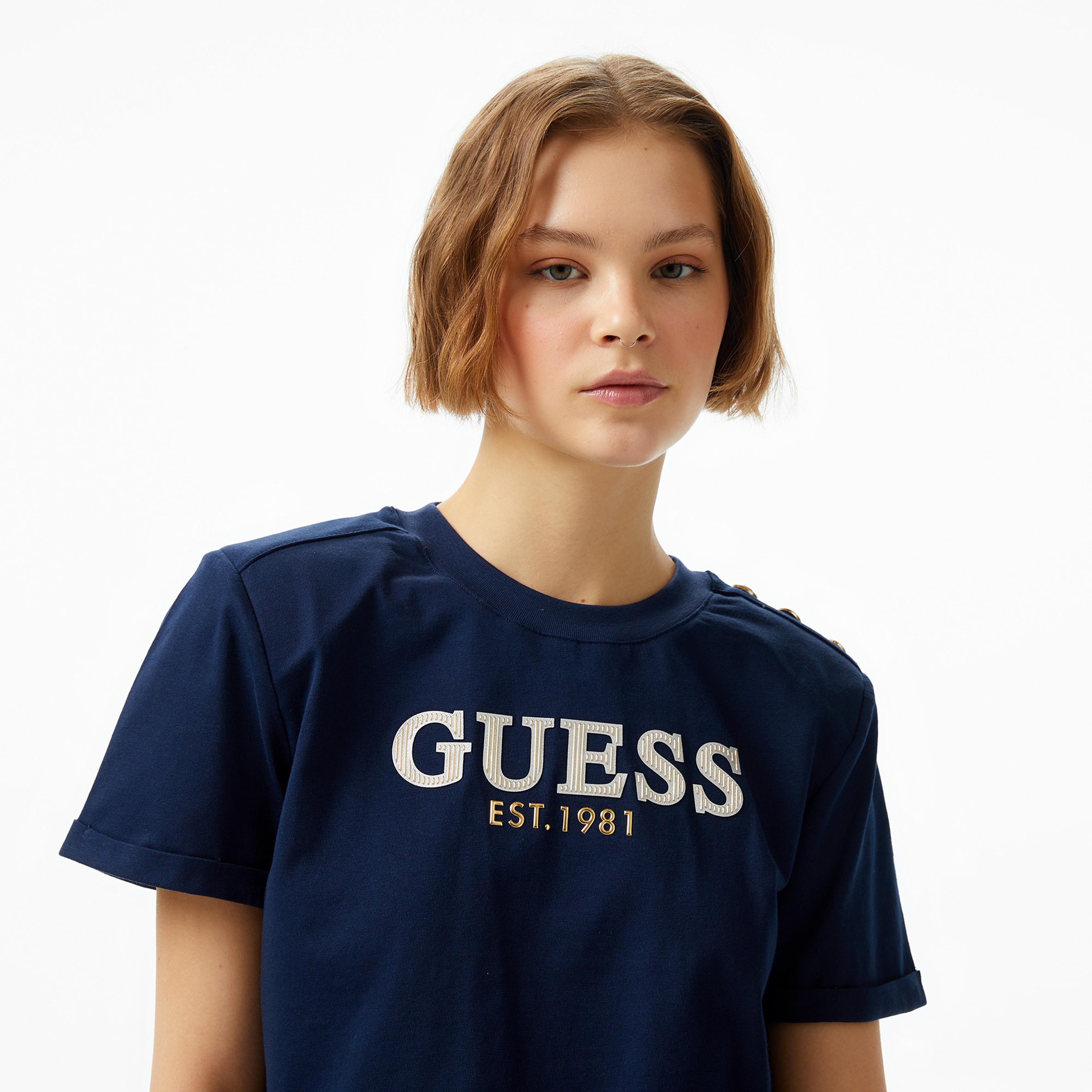 Guess Cn Cropped Washed Mid Organic Heavy 205 Kadın Lacivert T-Shirt