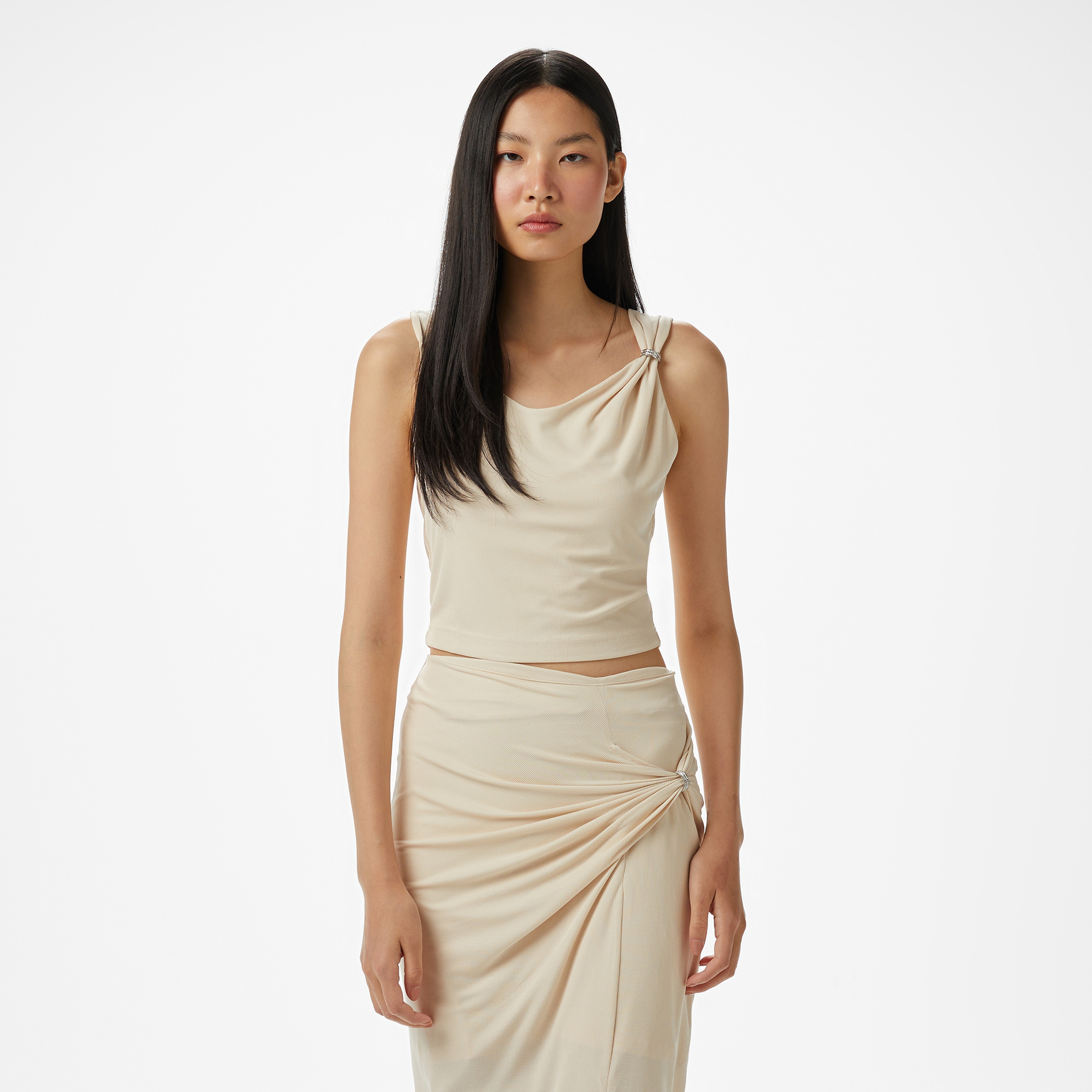 Guess Aimee Ss Jewel Drap Kadın Bej T-Shirt