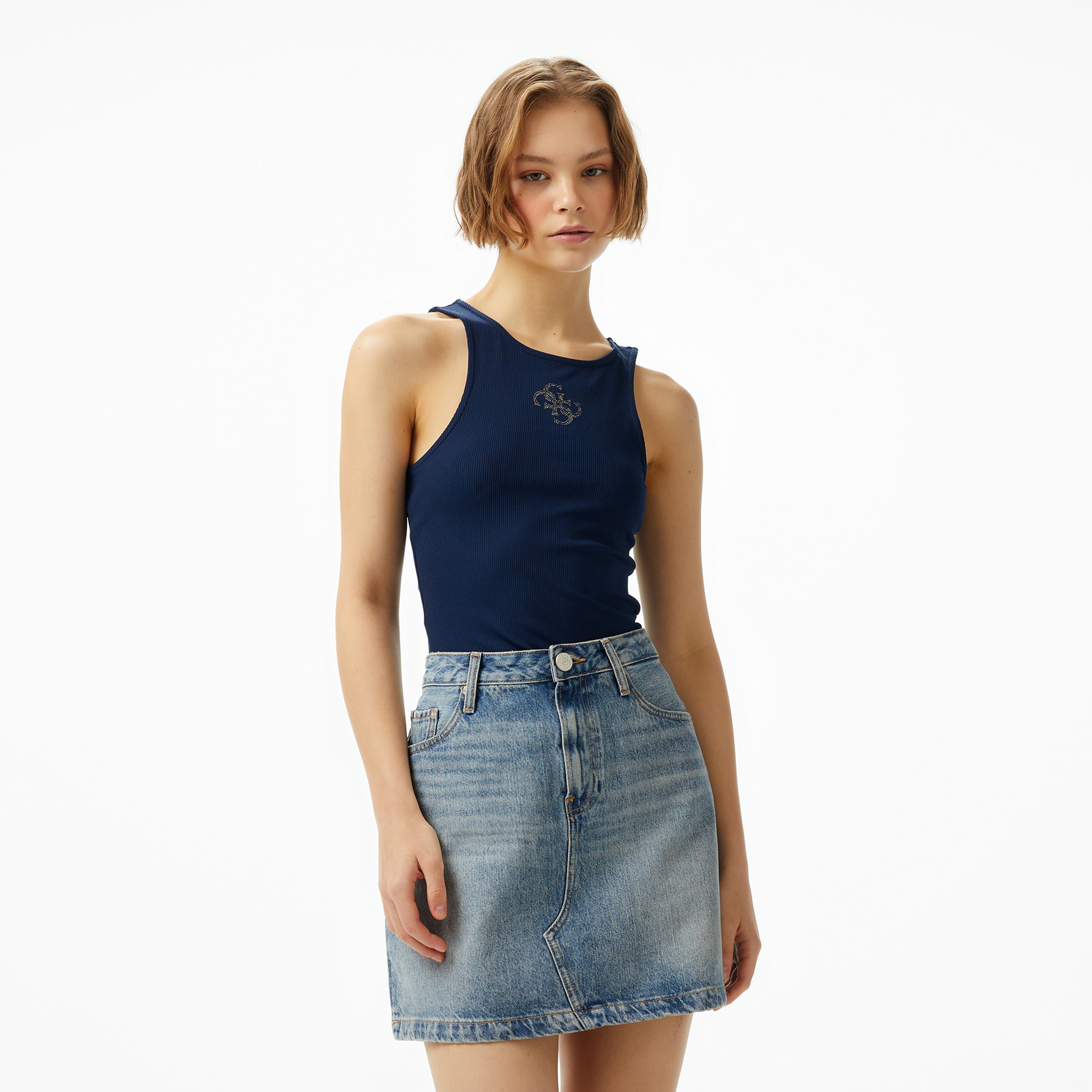 Guess New Round Nk Guen New Eco Glamorous Rib 265 Kadın Lacivert Top