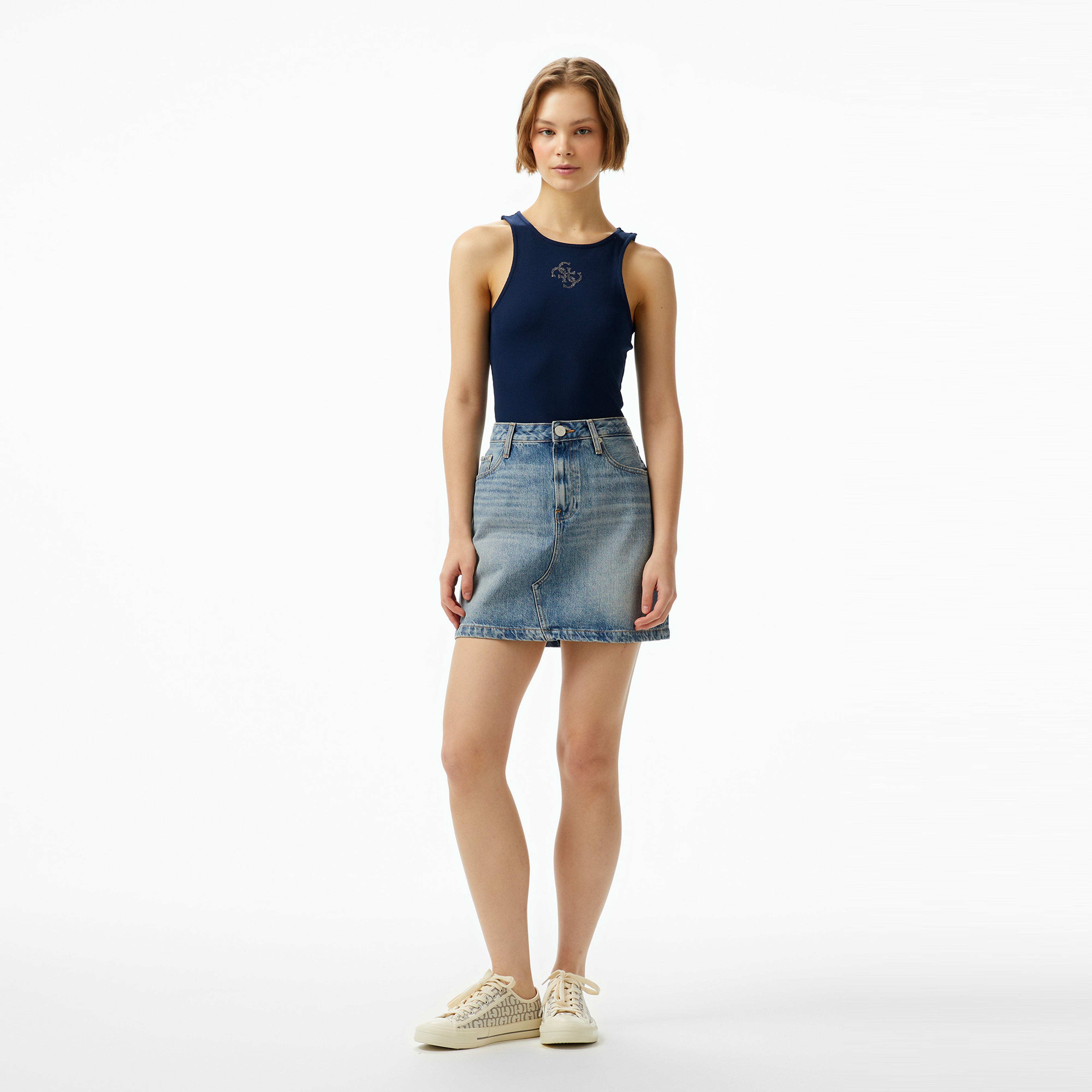 Guess New Round Nk Guen New Eco Glamorous Rib 265 Kadın Lacivert Top