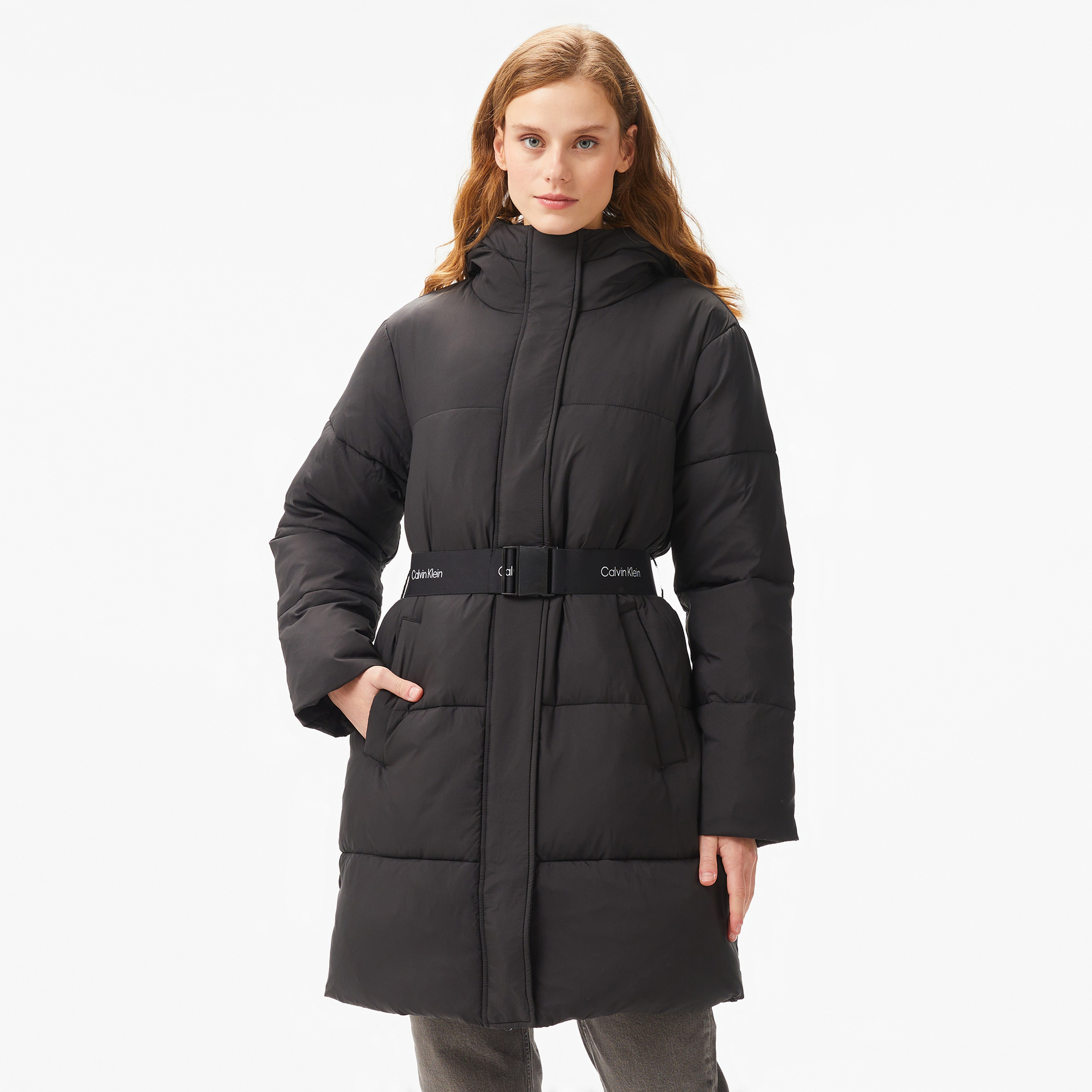 Calvin Klein Jeans Logo Belt Long Puffer Kadın Siyah Mont