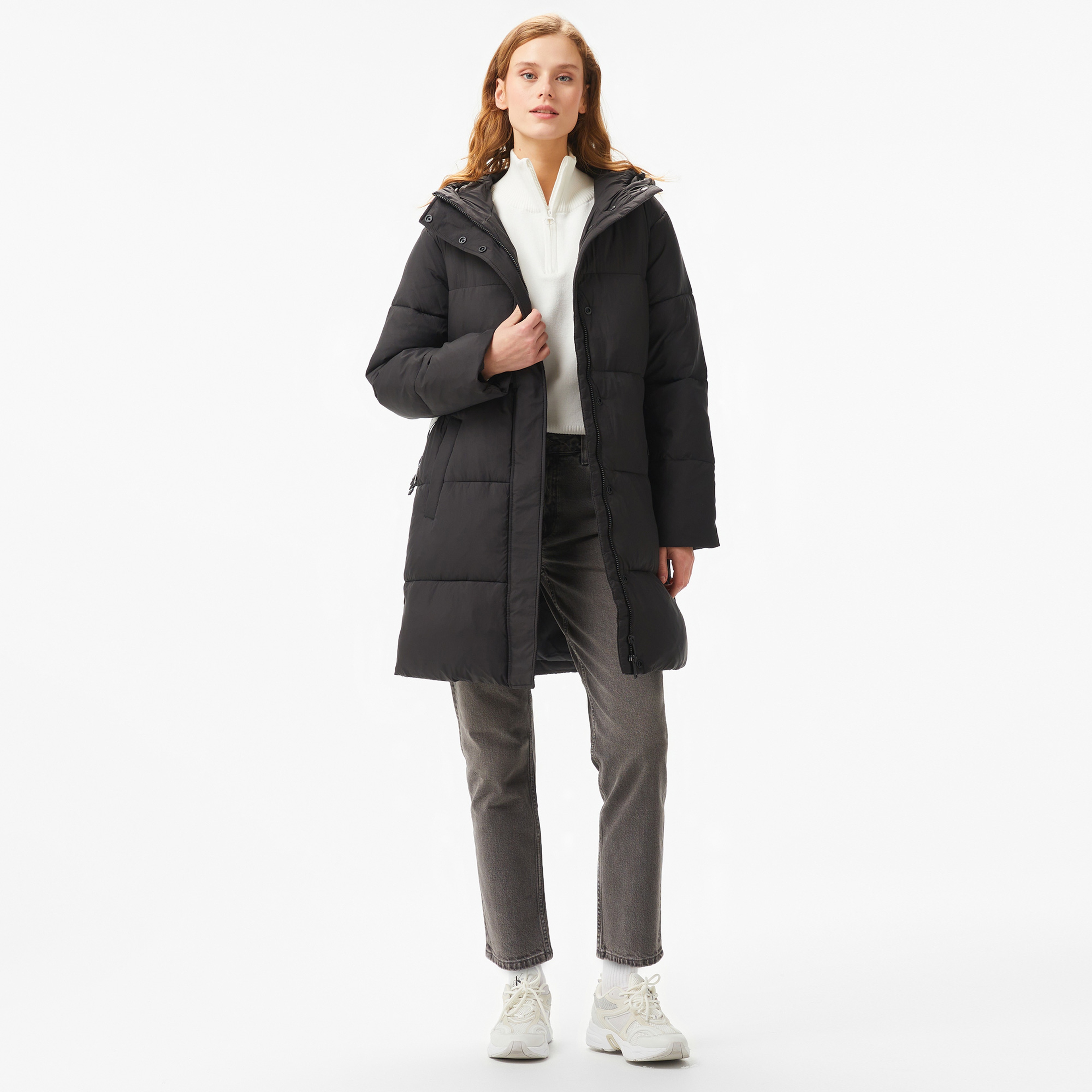 Calvin Klein Jeans Logo Belt Long Puffer Kadın Siyah Mont