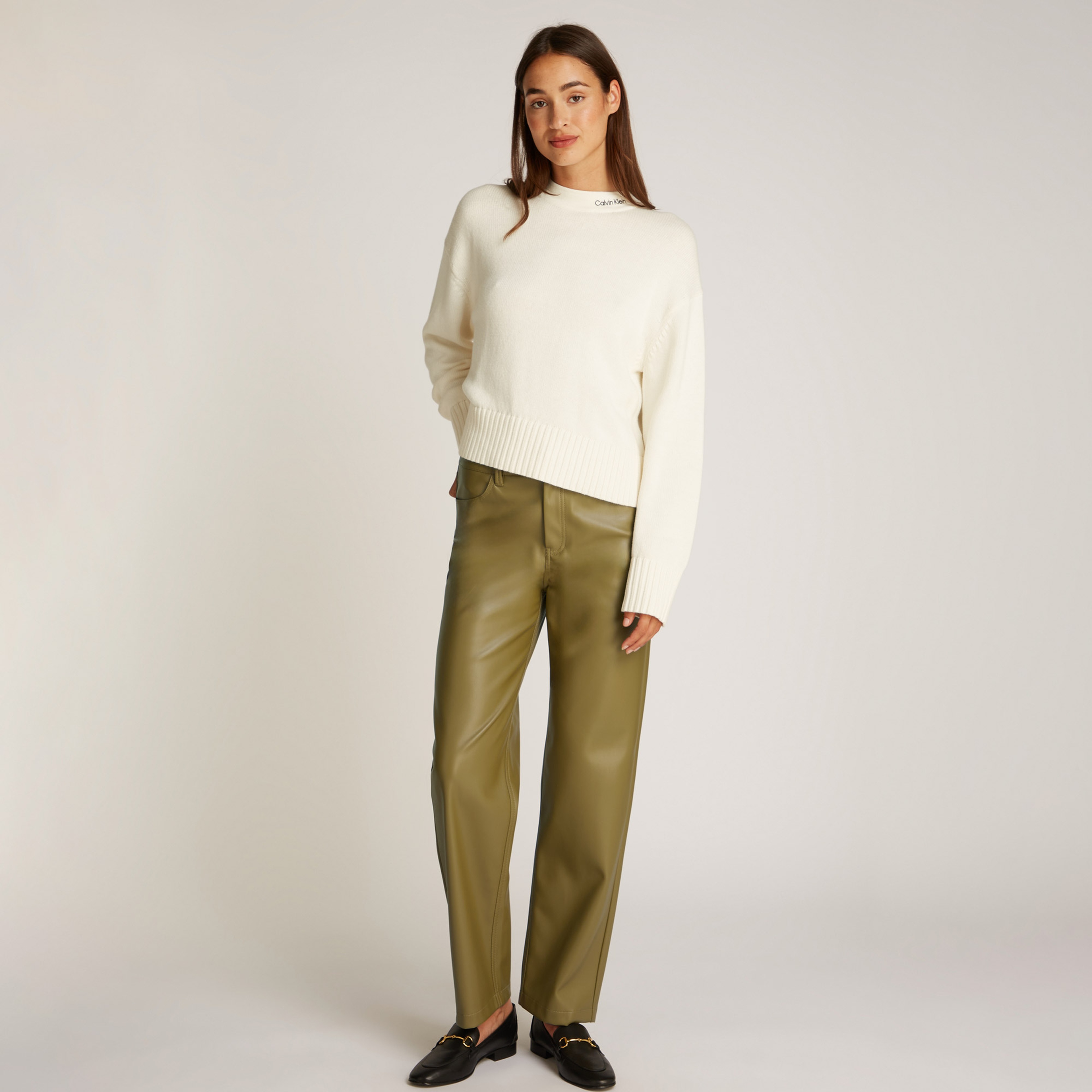 Calvin Klein Faux Leather Relaxed Kadın Yeşil Pantolon