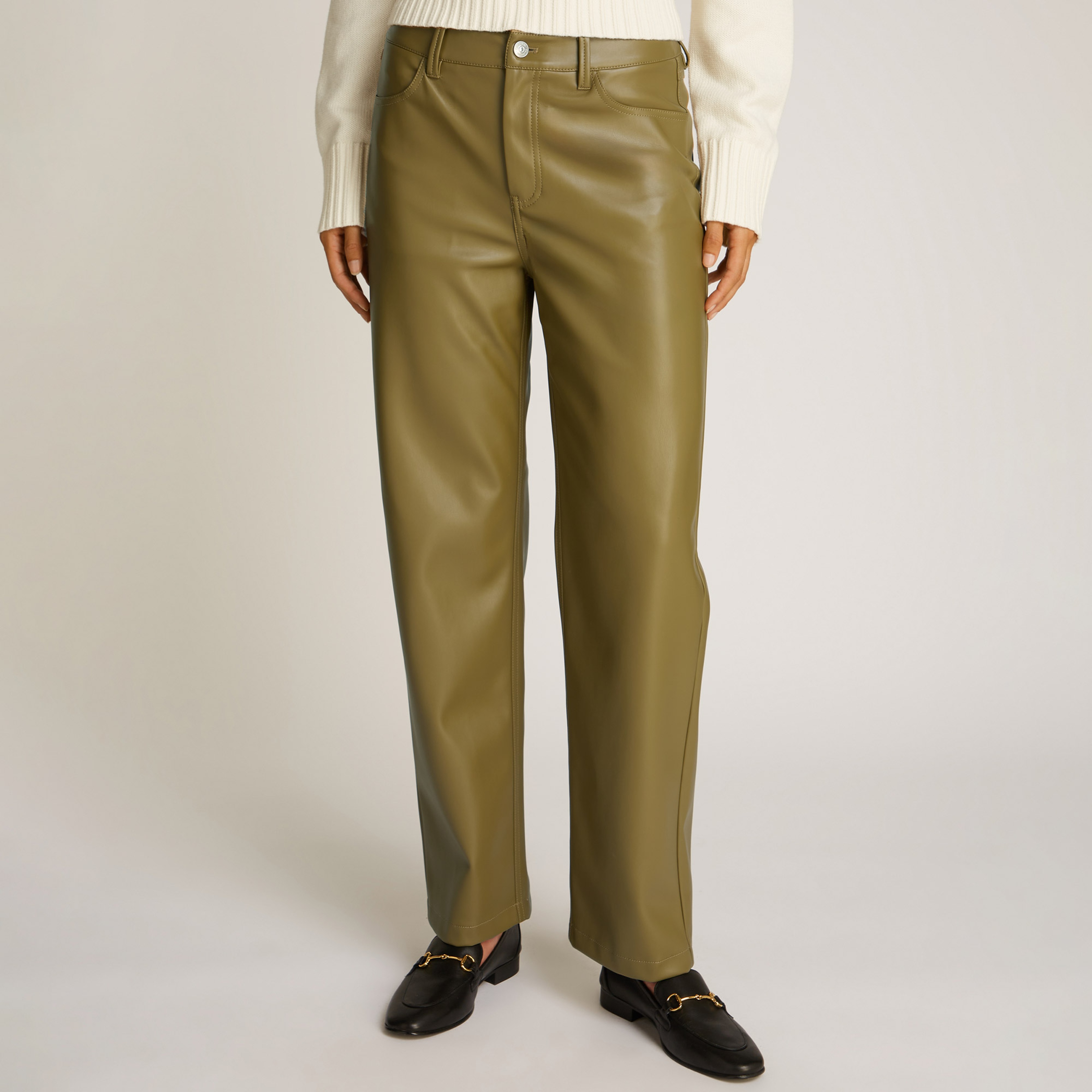 Calvin Klein Faux Leather Relaxed Kadın Yeşil Pantolon