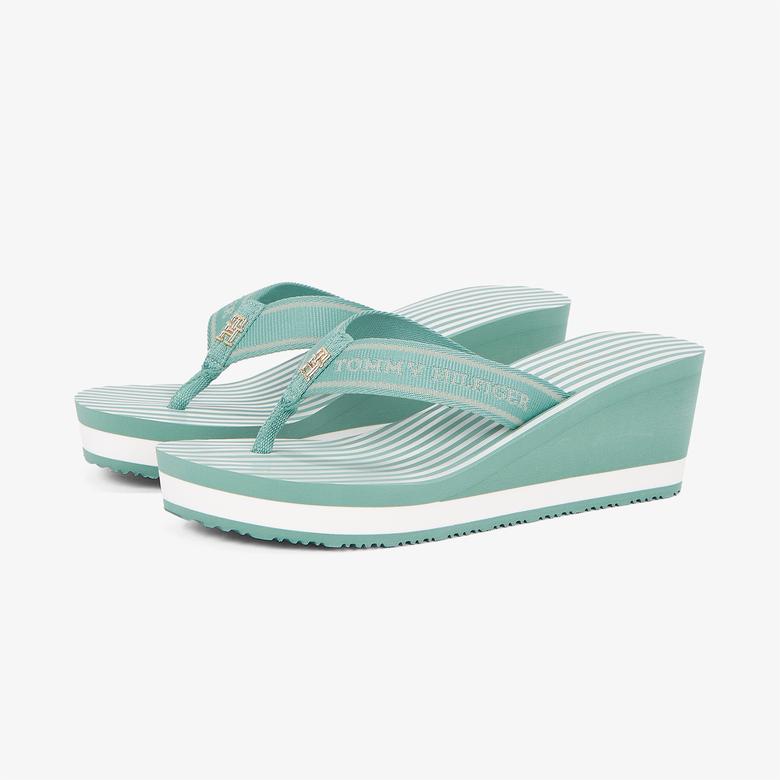 Tommy Hilfiger Stripes Wedge Beach Kadın Yeşil Terlik