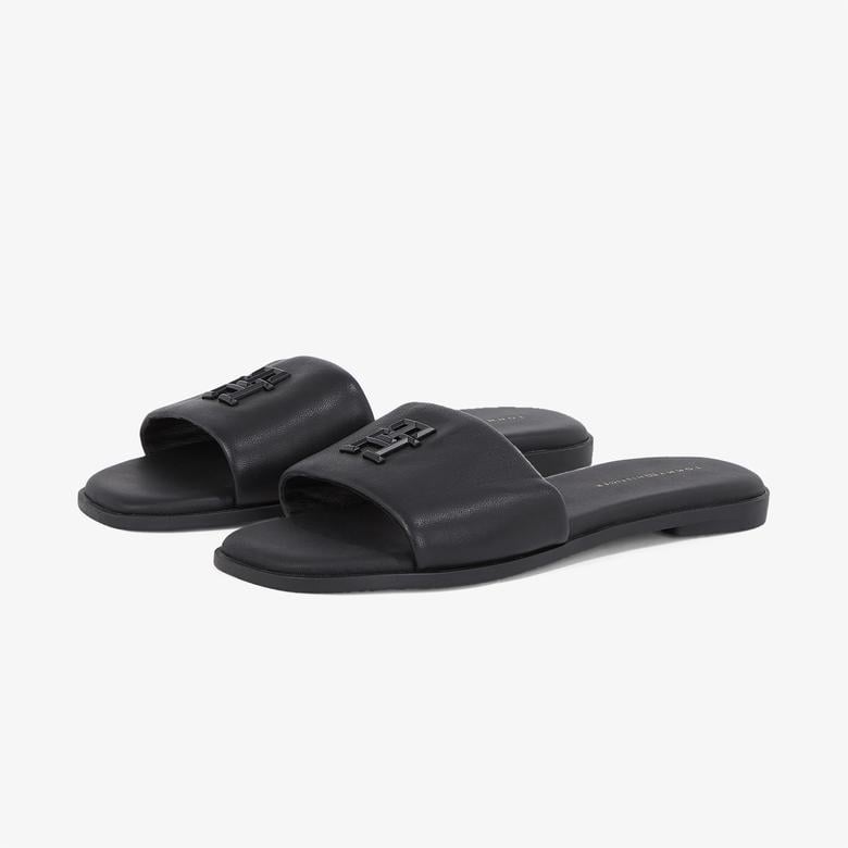 Tommy Hilfiger Logo Hardware Leather Kadın Siyah Sandalet