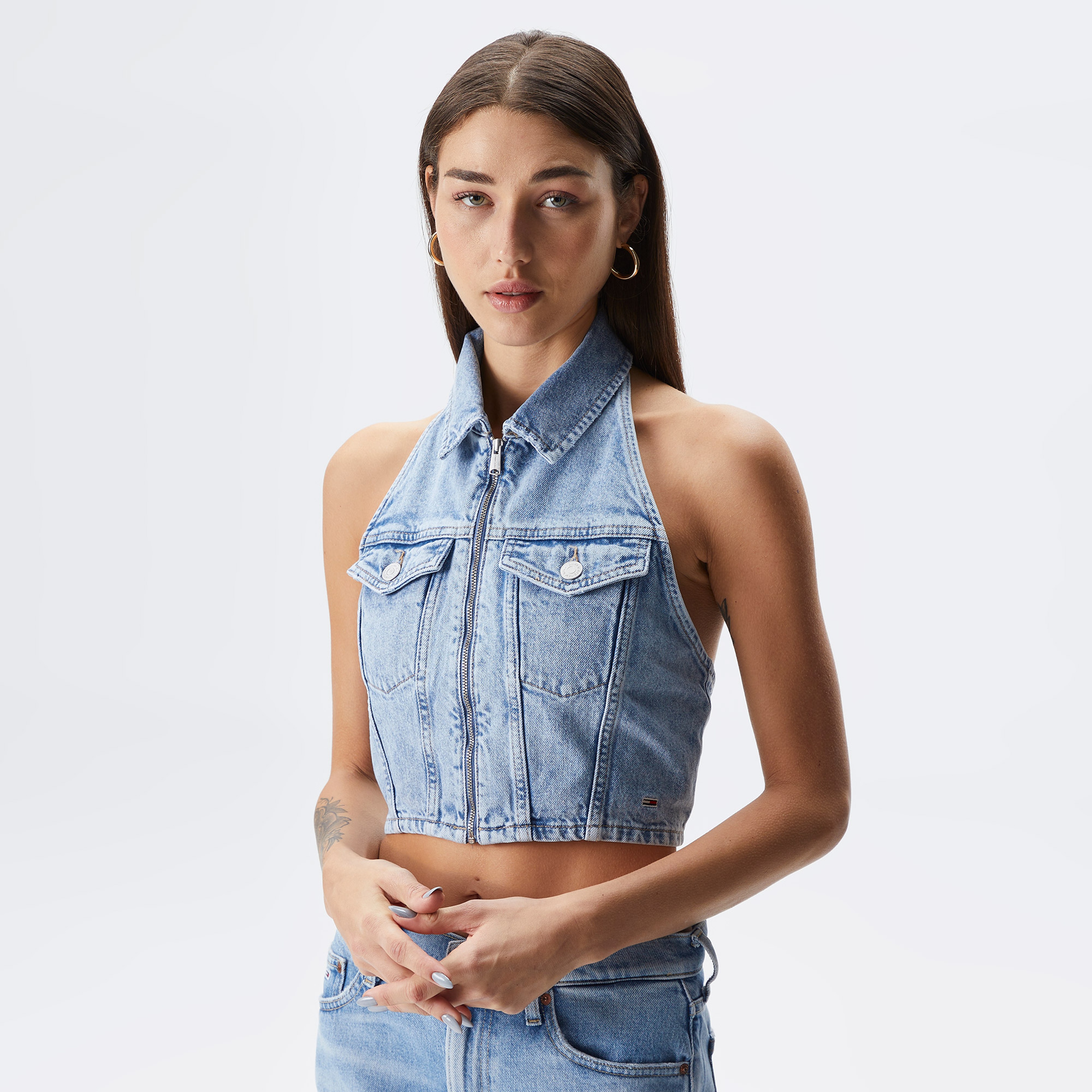 Tommy Jeans Halterneck Zip Top Kadın Mavi Crop