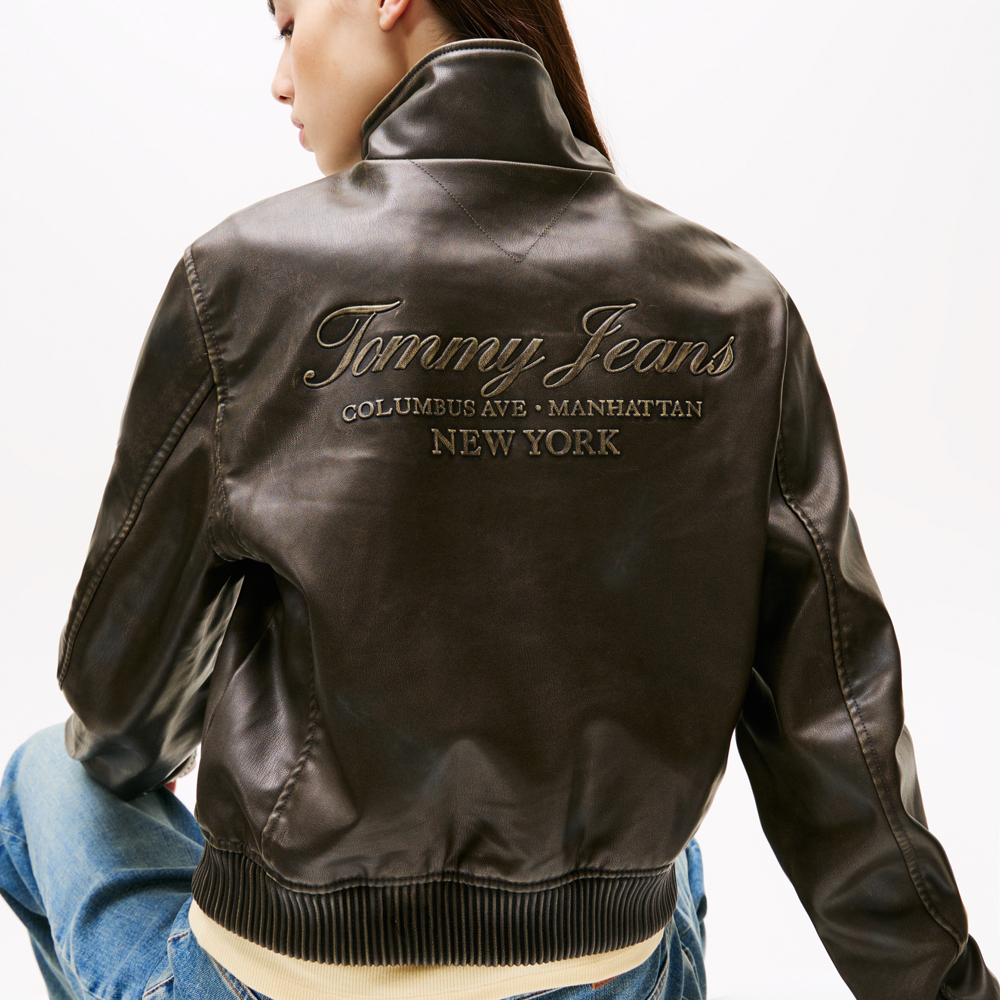 Tommy Jeans Pu Washed Bomber Kadın Siyah Ceket