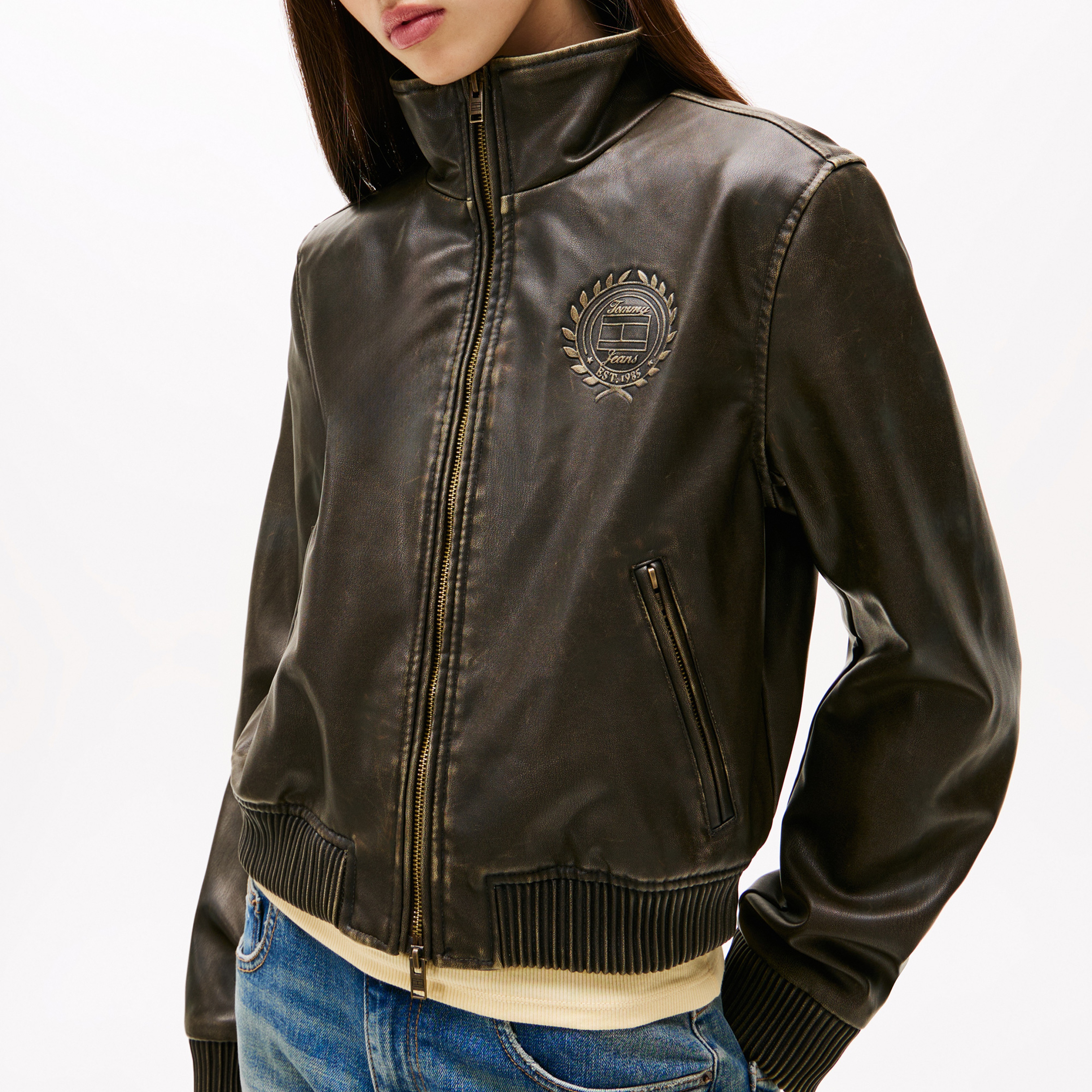 Tommy Jeans Pu Washed Bomber Kadın Siyah Ceket