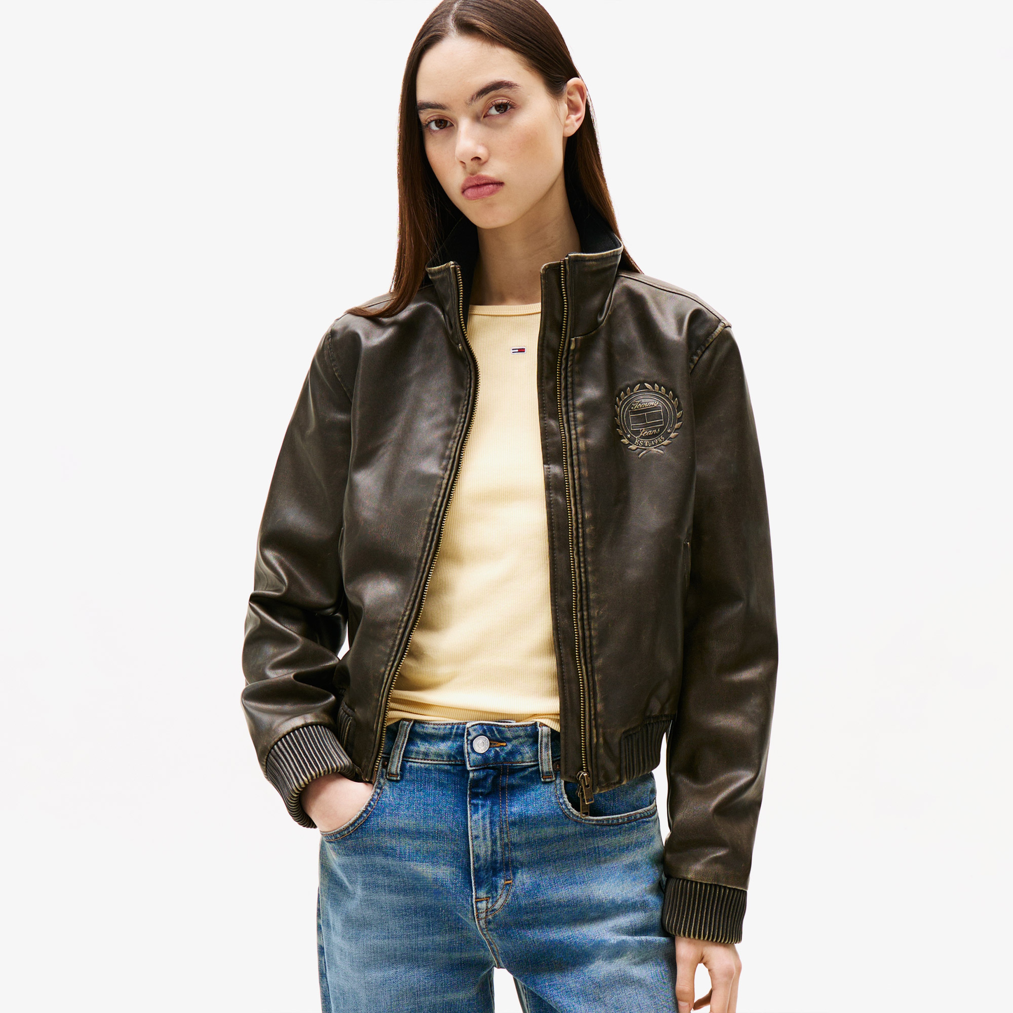 Tommy Jeans Pu Washed Bomber Kadın Siyah Ceket