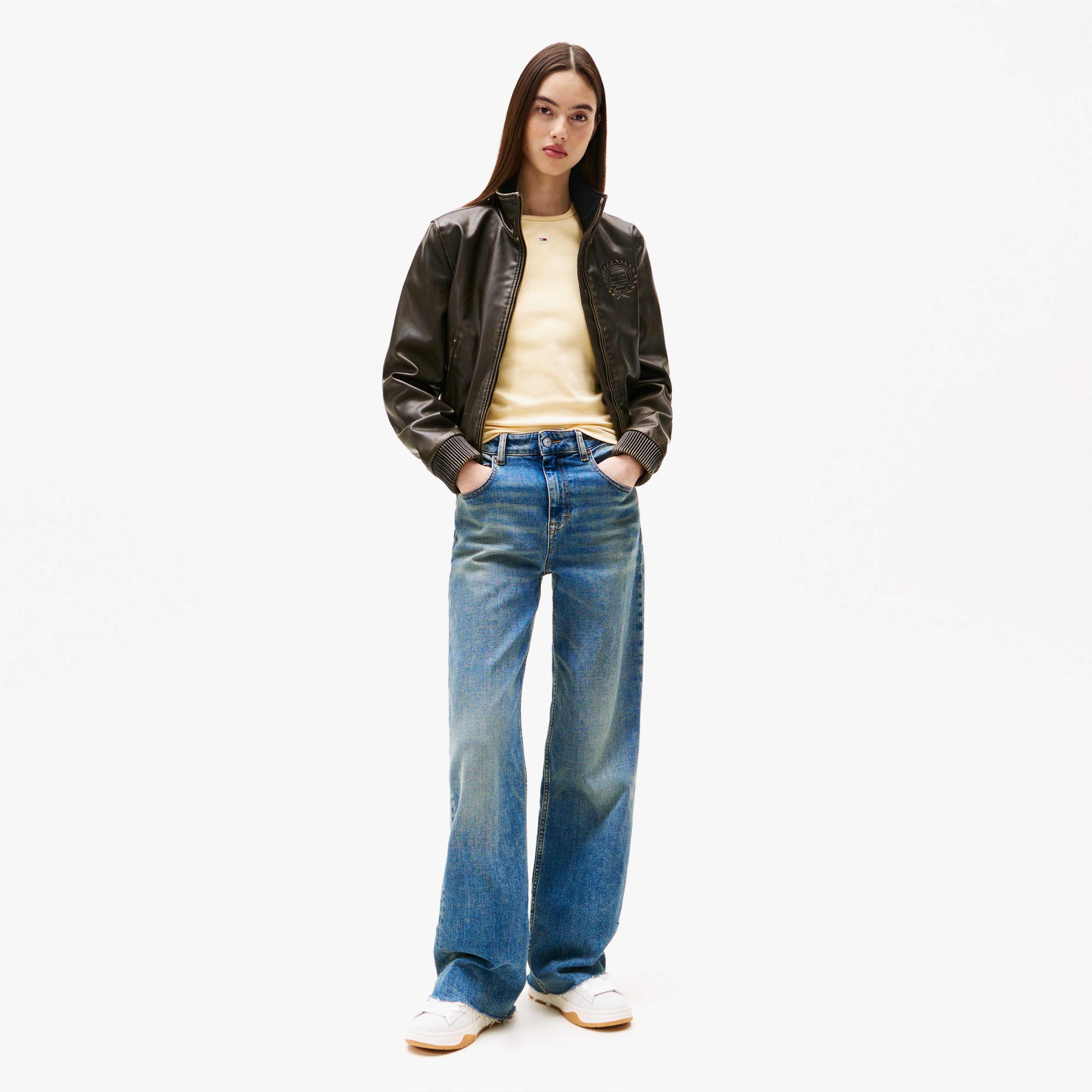 Tommy Jeans Pu Washed Bomber Kadın Siyah Ceket