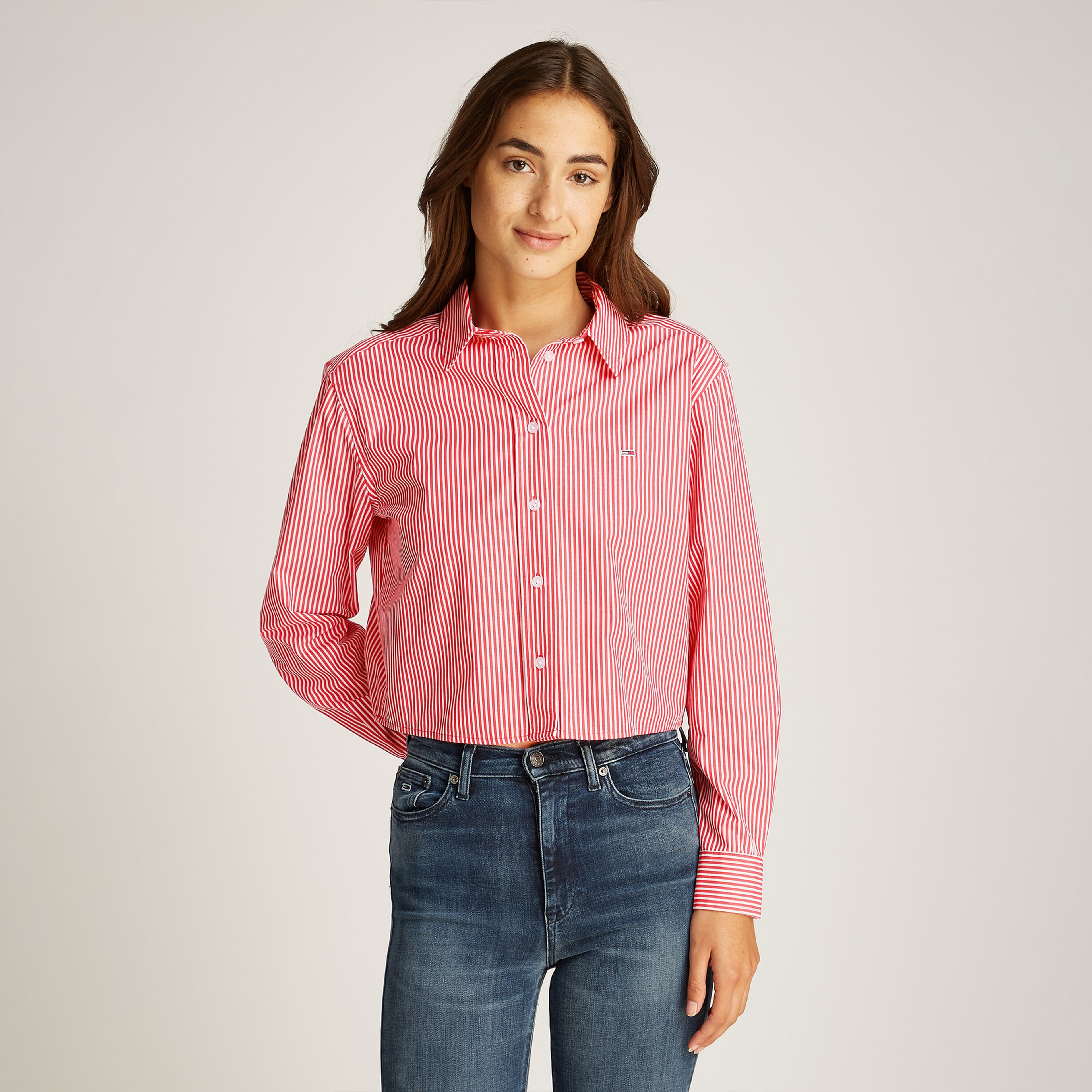 Tommy Jeans Crop Relax Poplin Kadın Kırmızı Gömlek