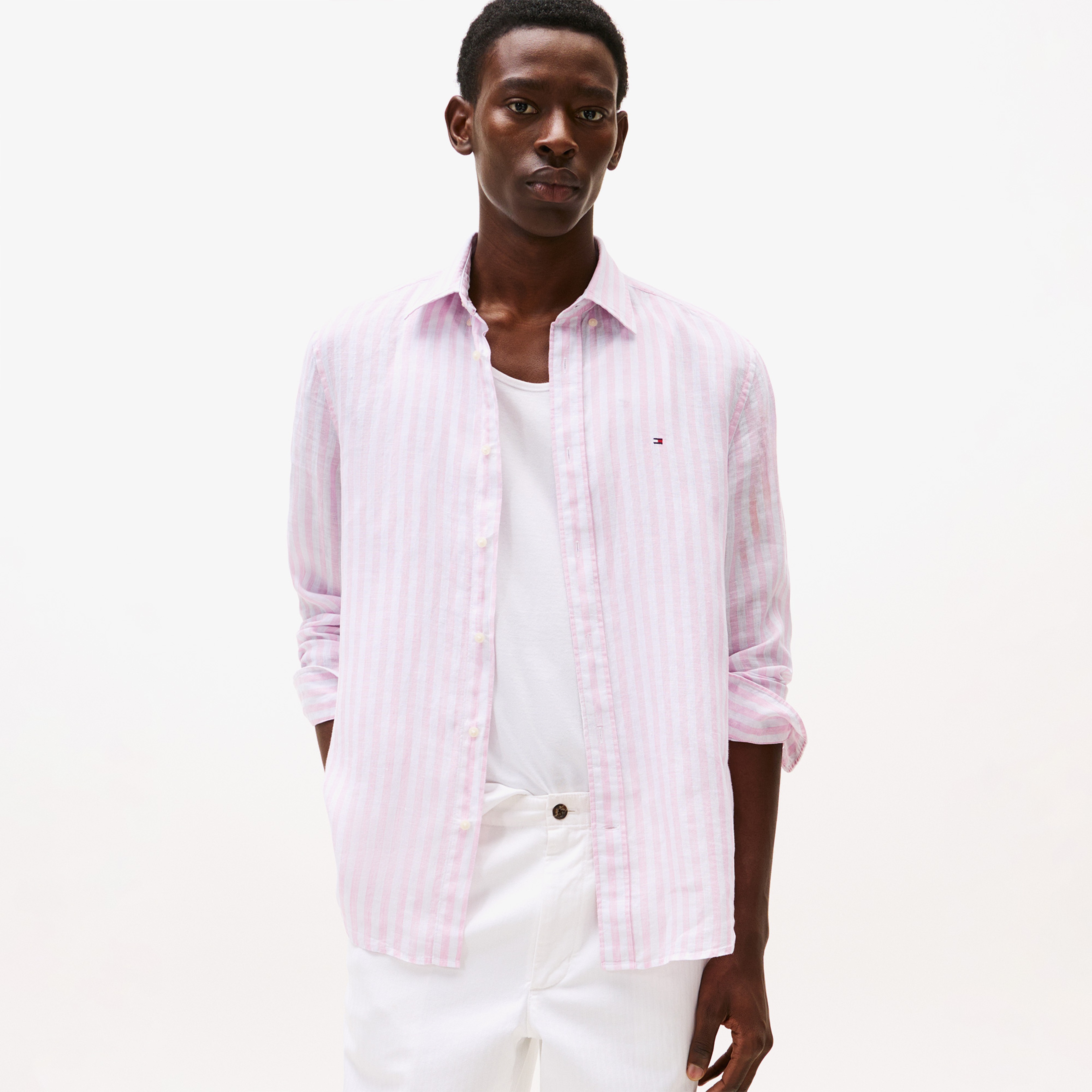 Tommy Hilfiger Linen Essential Stripe Erkek Pembe Gömlek