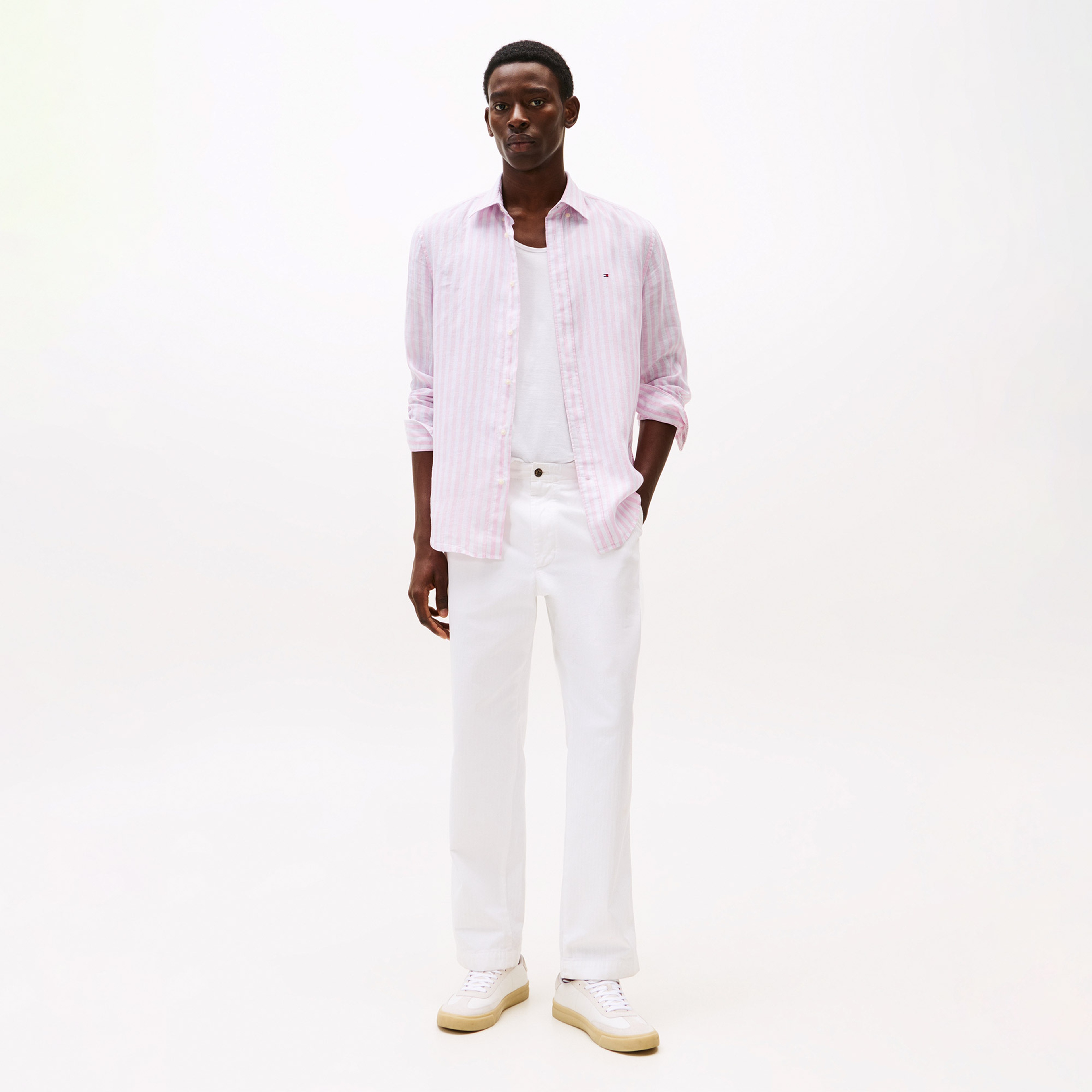 Tommy Hilfiger Linen Essential Stripe Erkek Pembe Gömlek