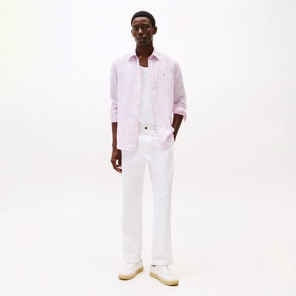 Tommy Hilfiger Linen Essential Stripe Erkek Pembe Gömlek