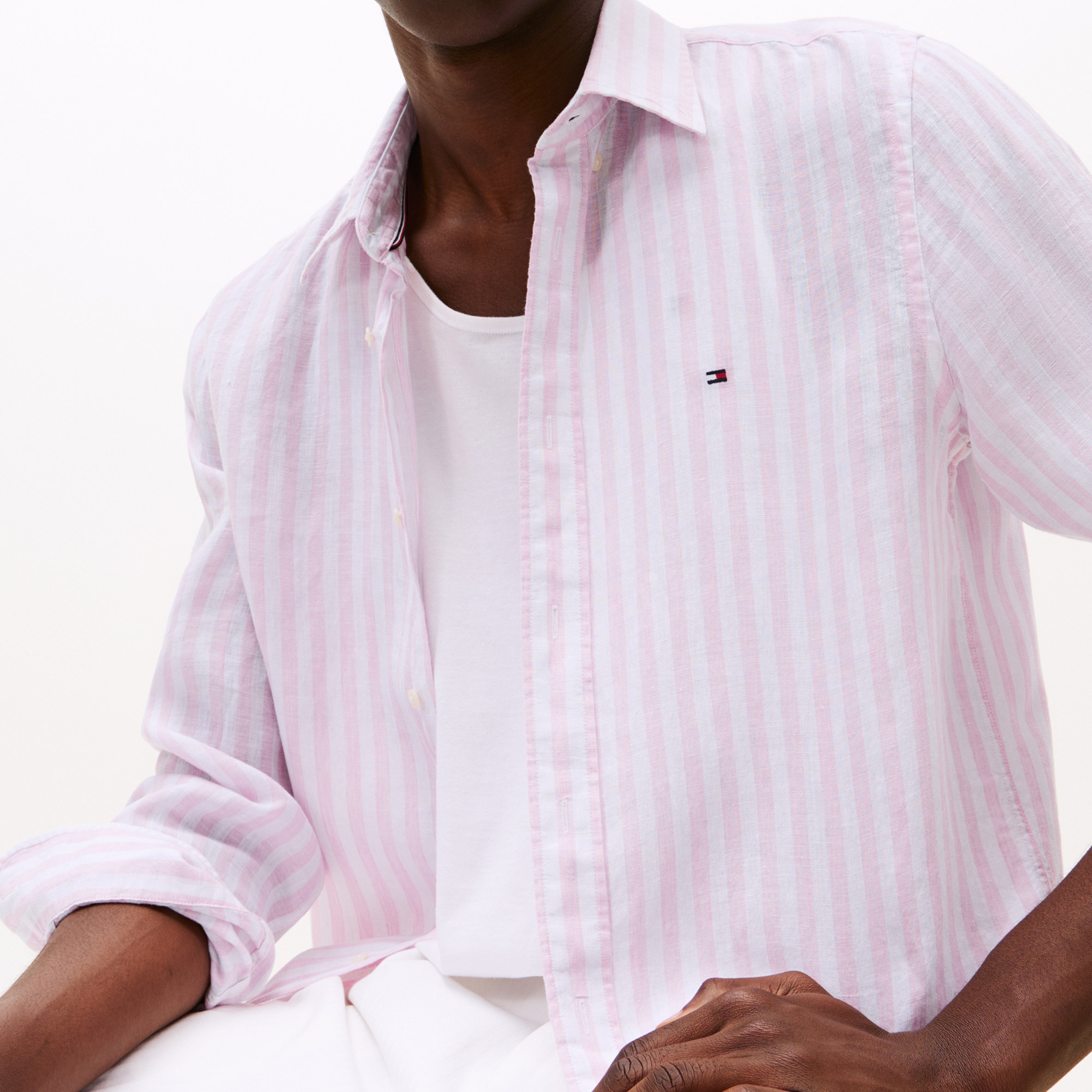 Tommy Hilfiger Linen Essential Stripe Erkek Pembe Gömlek