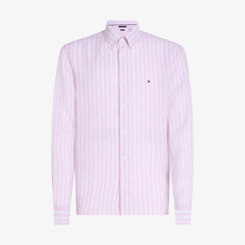 Tommy Hilfiger Linen Essential Stripe Erkek Pembe Gömlek