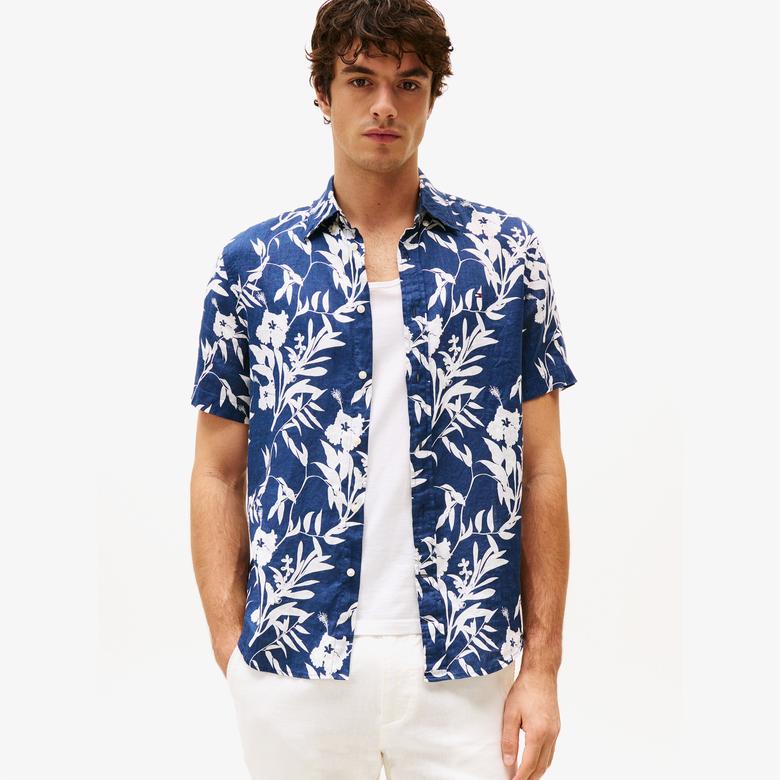 Tommy Hilfiger Linen Tropical Erkek Mavi Gömlek