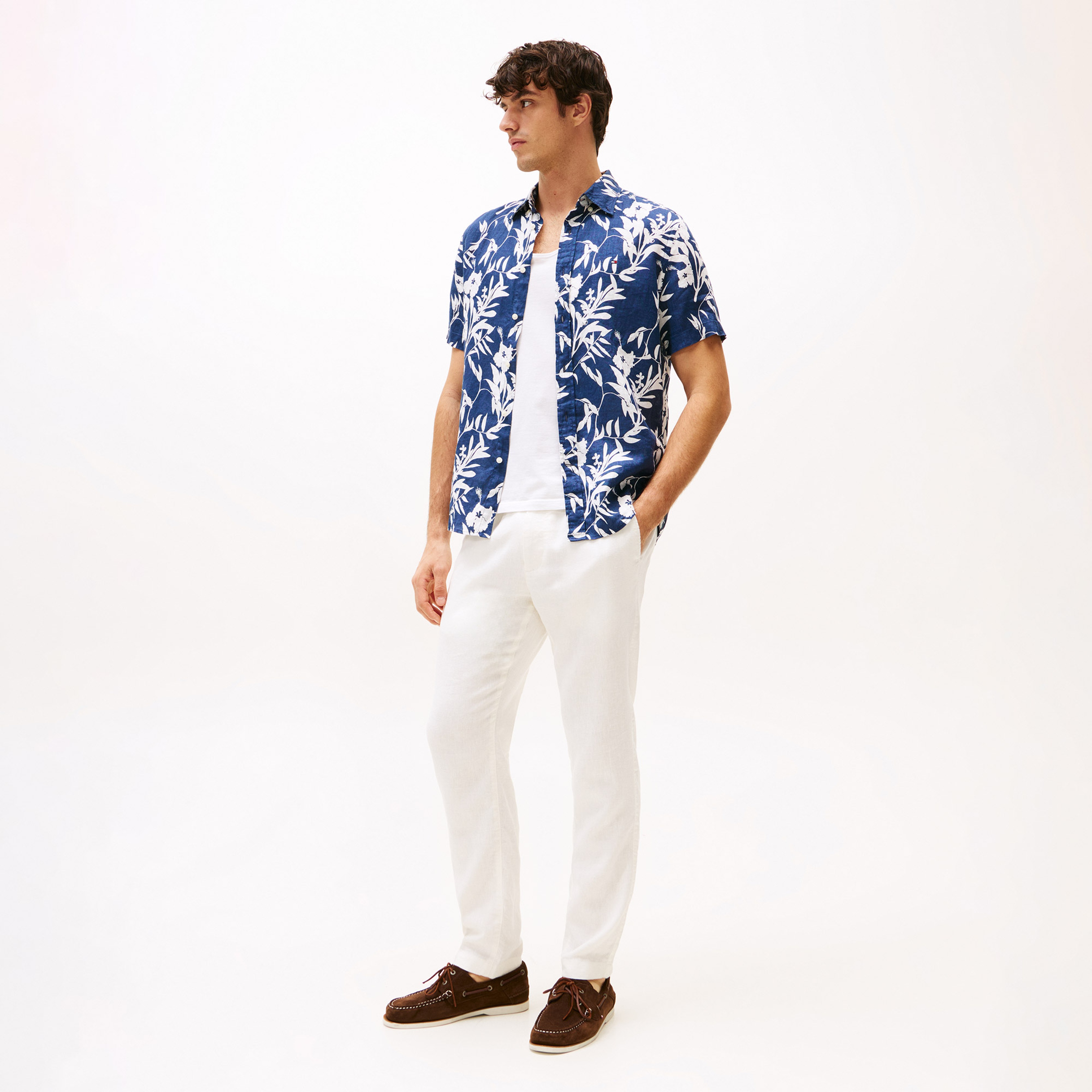 Tommy Hilfiger Linen Tropical Erkek Mavi Gömlek