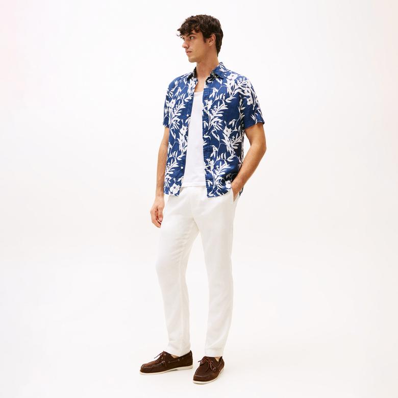 Tommy Hilfiger Linen Tropical Erkek Mavi Gömlek