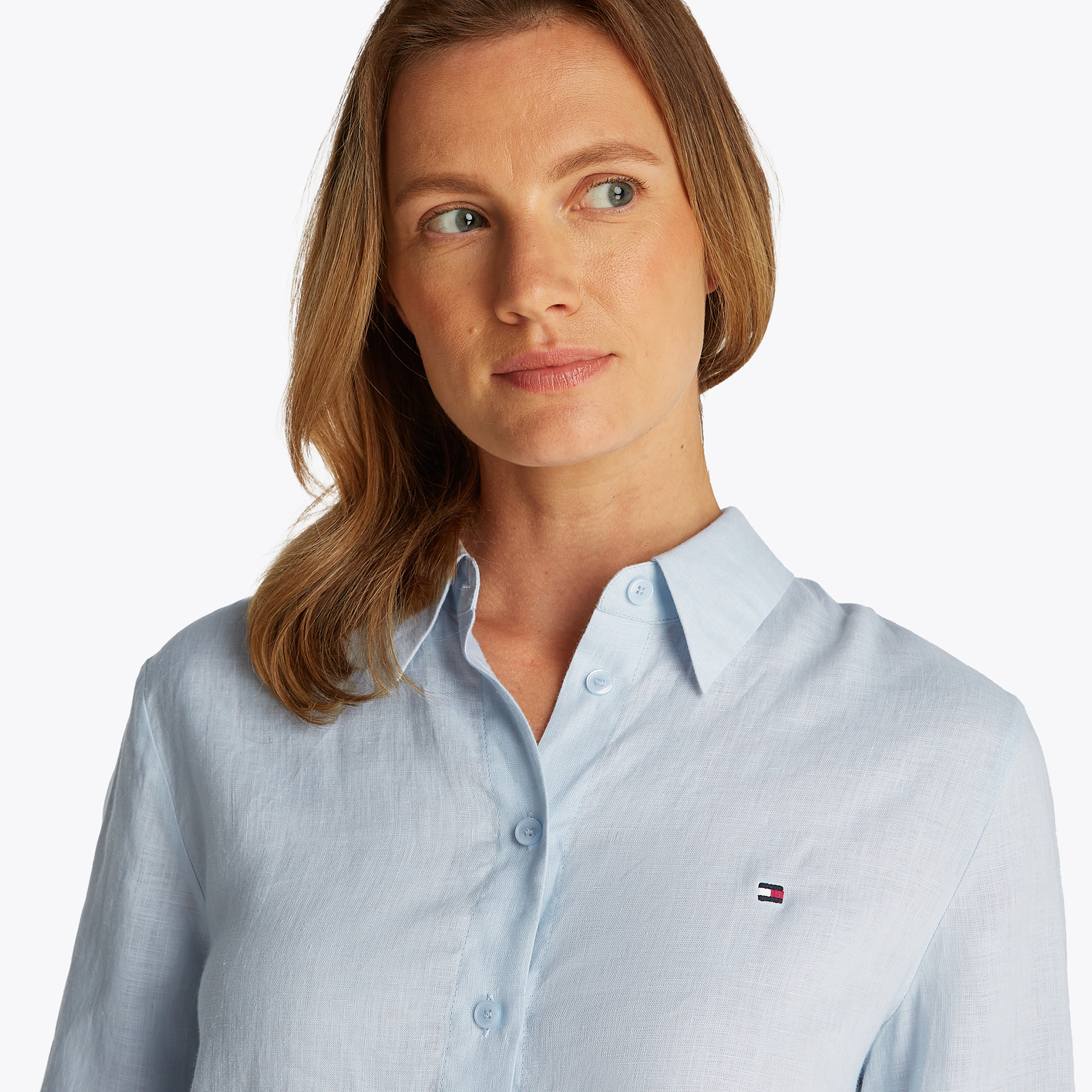 Tommy Hilfiger Linen Relaxed Kadın Keten Mavi Gömlek