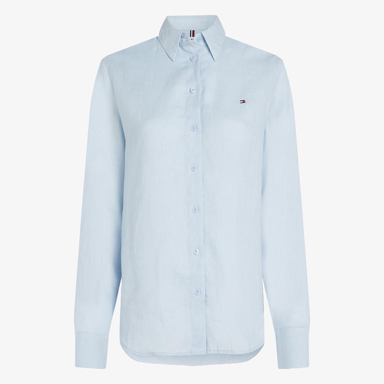 Tommy Hilfiger Linen Relaxed Kadın Keten Mavi Gömlek