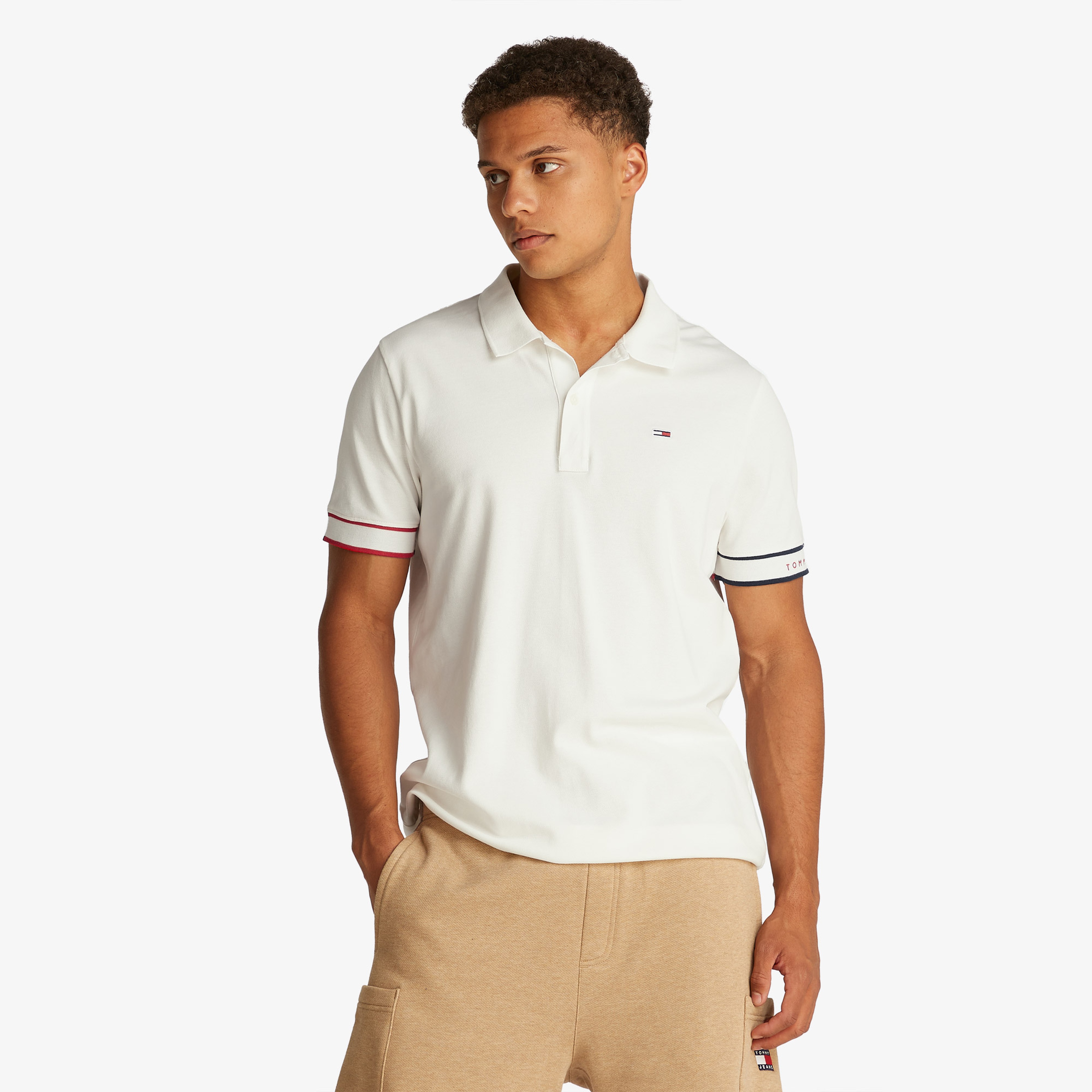 Tommy Jeans Slim Flag Cuff Ext Erkek Beyaz Polo