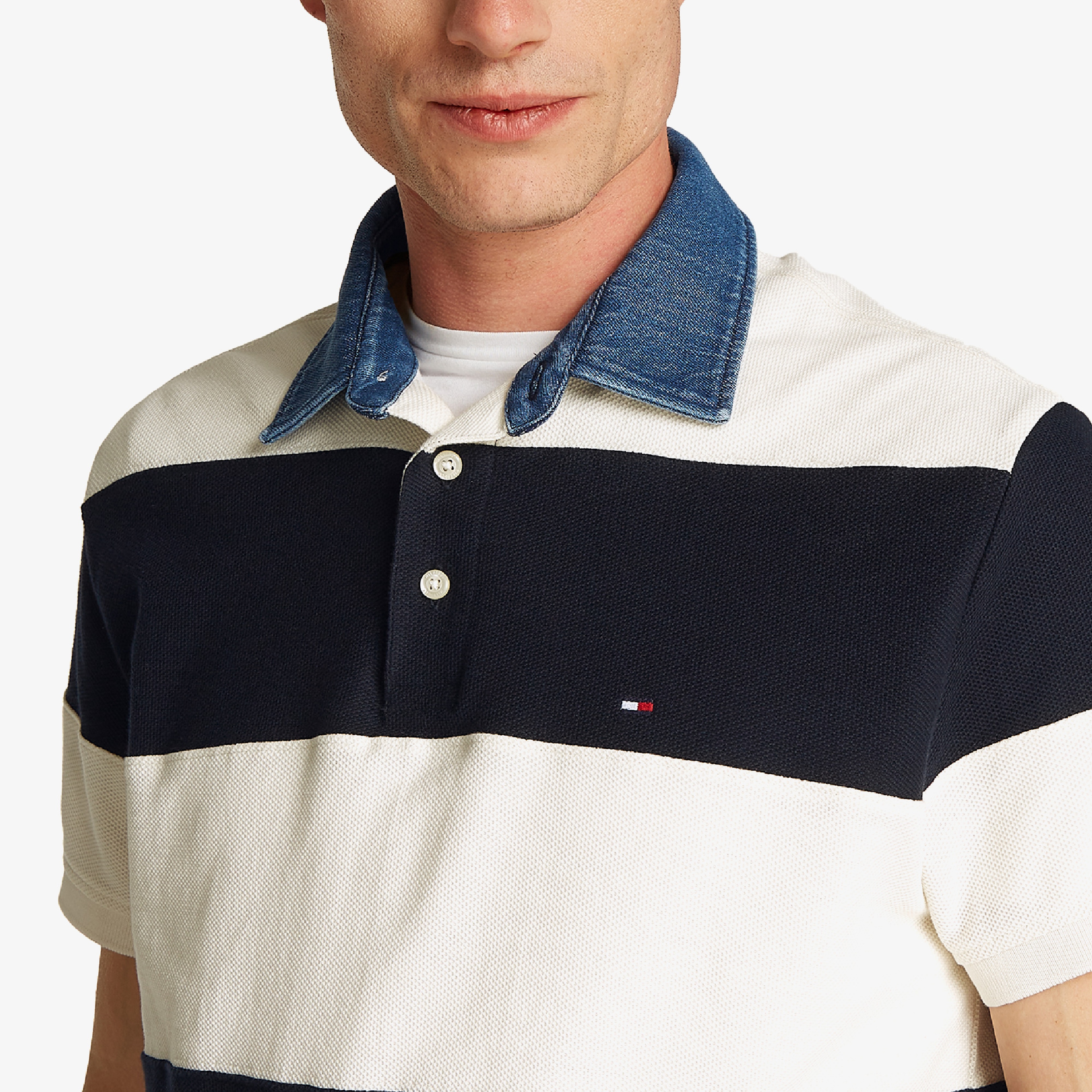 Tommy Hilfiger Rugby Stripe Relaxed Erkek Beyaz Polo