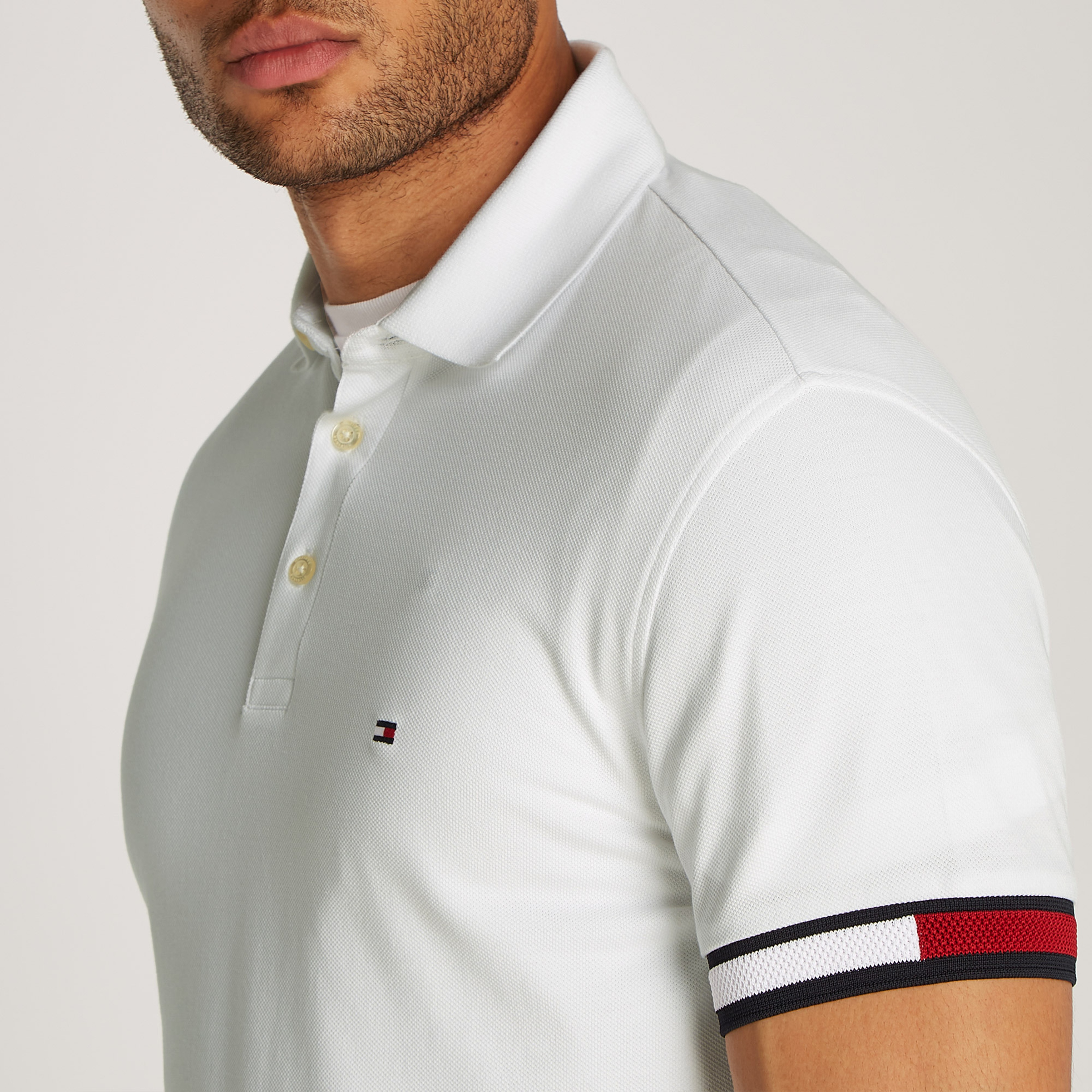 Tommy Hilfiger Flag Cuff Slim Erkek Beyaz Polo