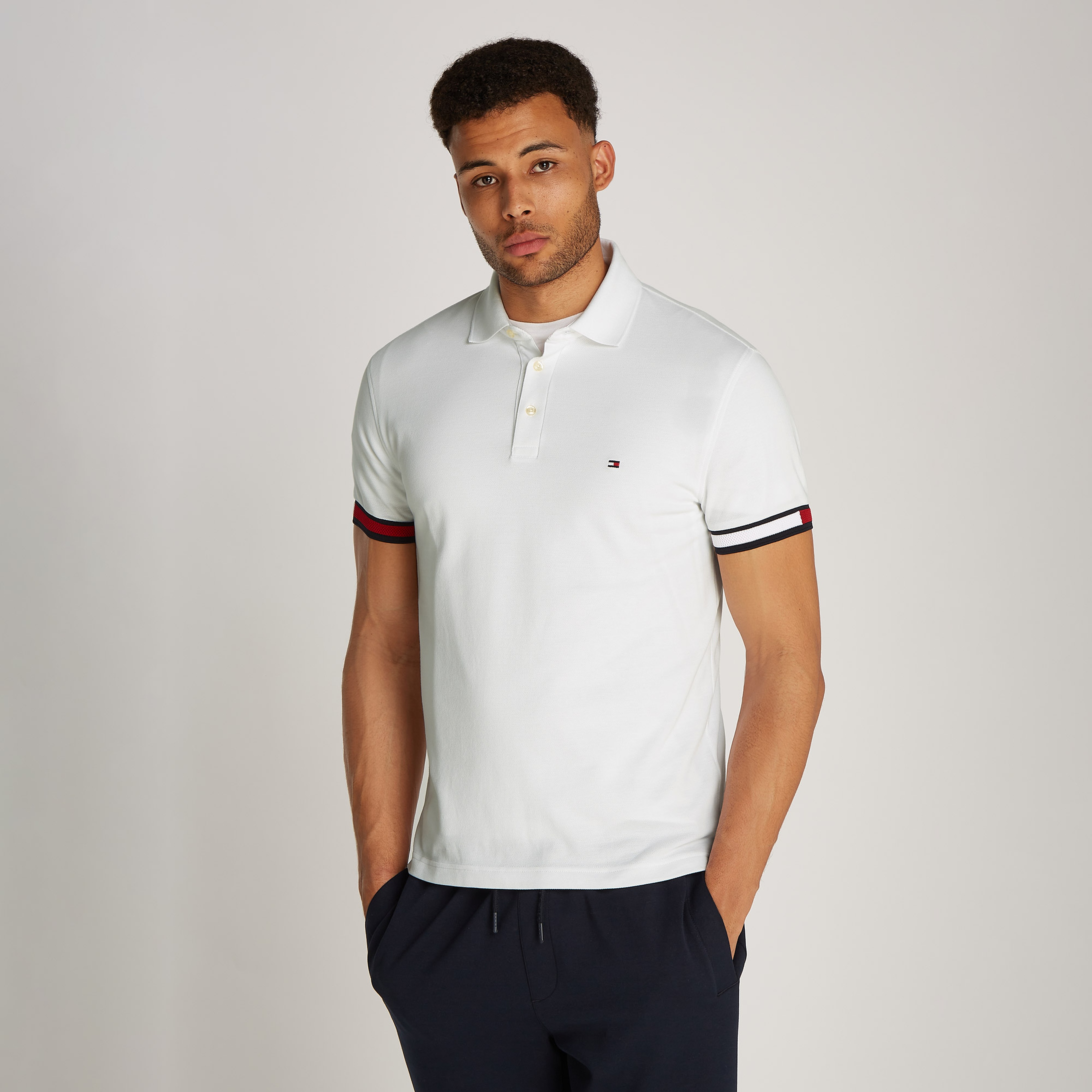 Tommy Hilfiger Flag Cuff Slim Erkek Beyaz Polo