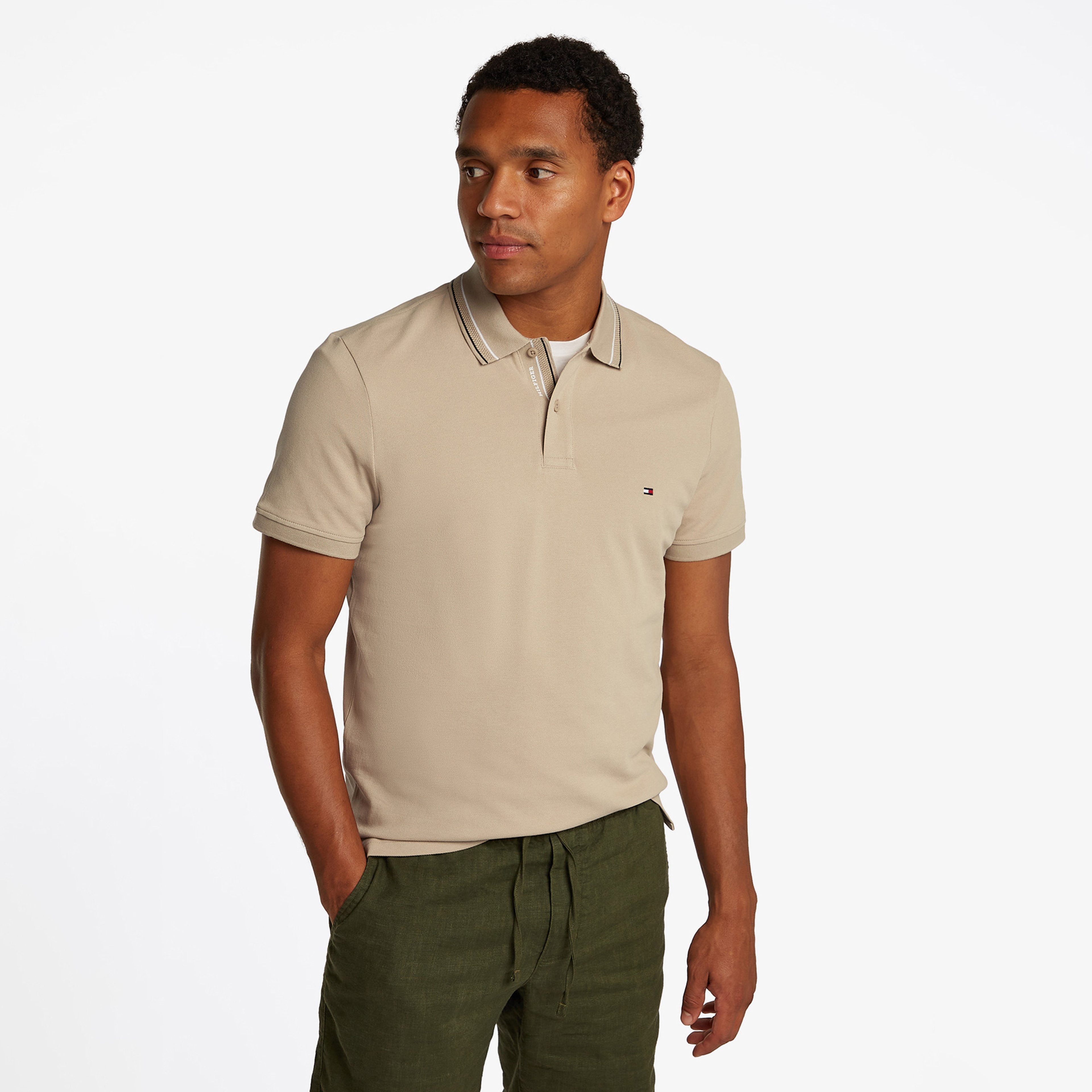 Tommy Hilfiger Placket Interest Reg Erkek Haki Polo
