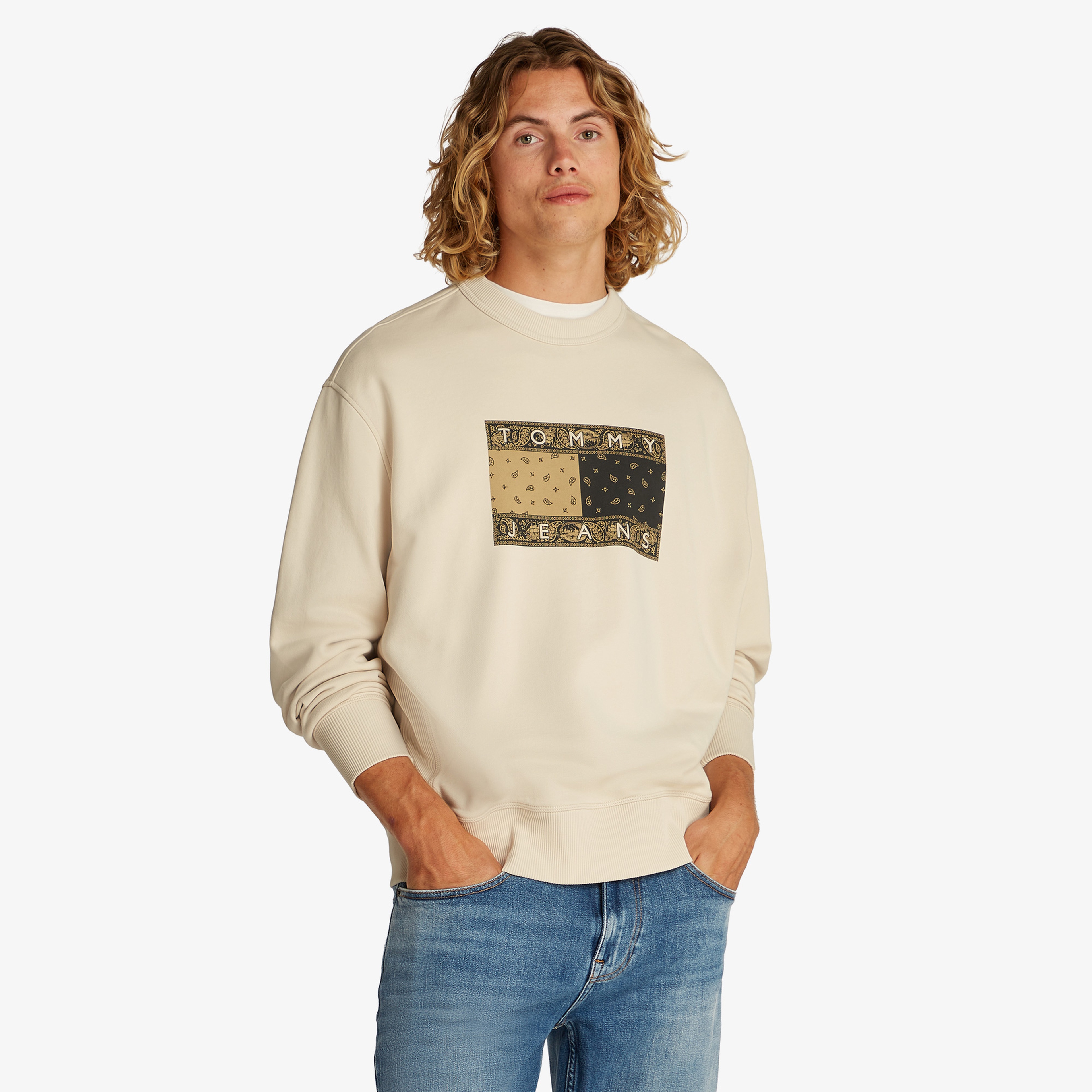 Tommy Jeans Relax Paisley Flag Crew Erkek Bej Sweatshirt