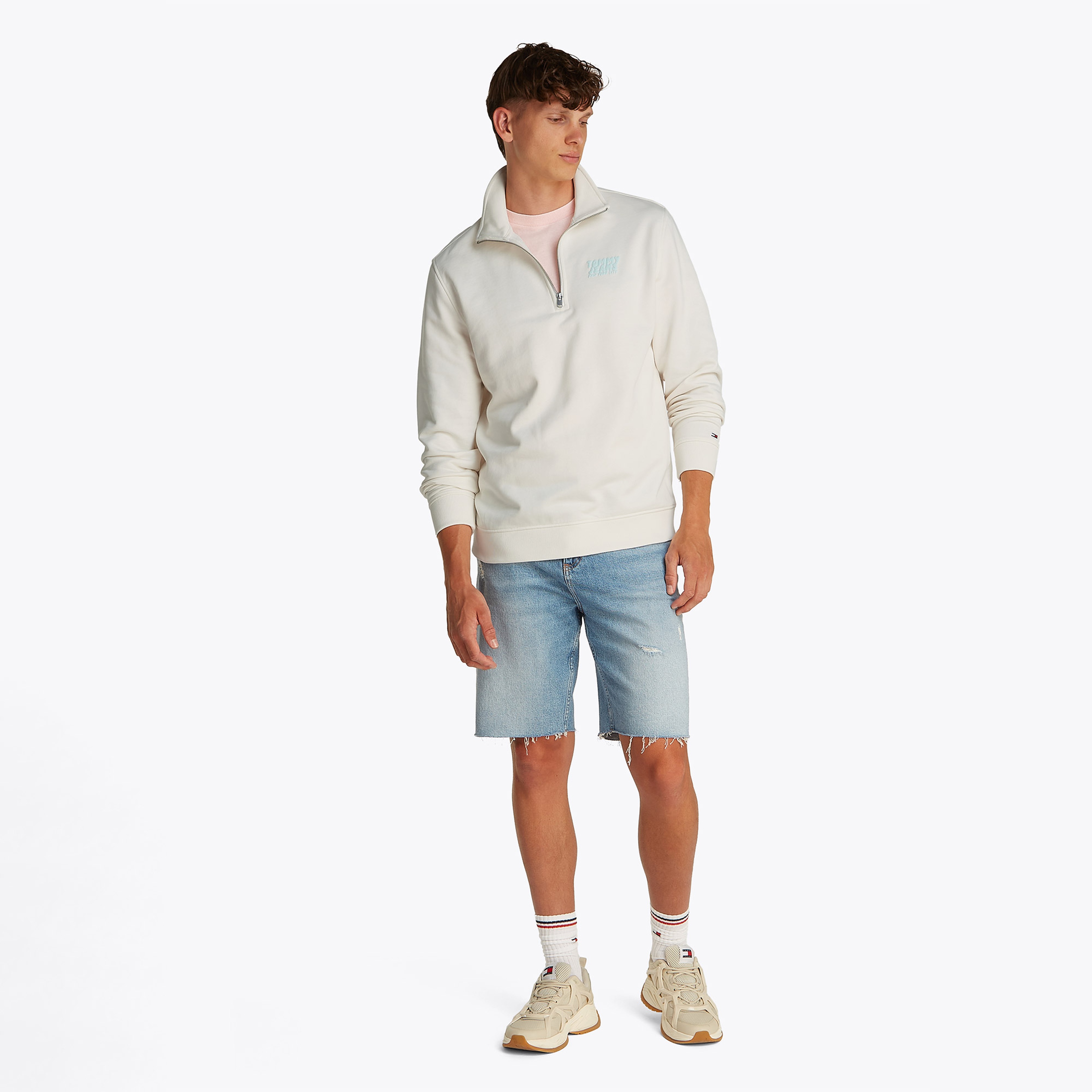 Tommy Jeans Reg Bubble Qrtr Zip Frnt/Bck Erkek Beyaz Sweatshirt