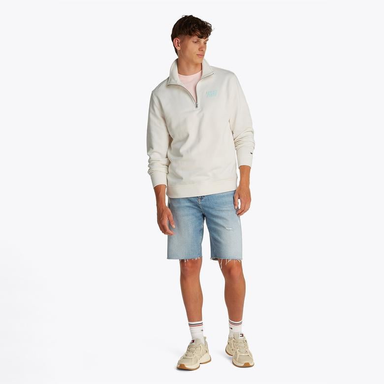 Tommy Jeans Reg Bubble Qrtr Zip Frnt/Bck Erkek Beyaz Sweatshirt
