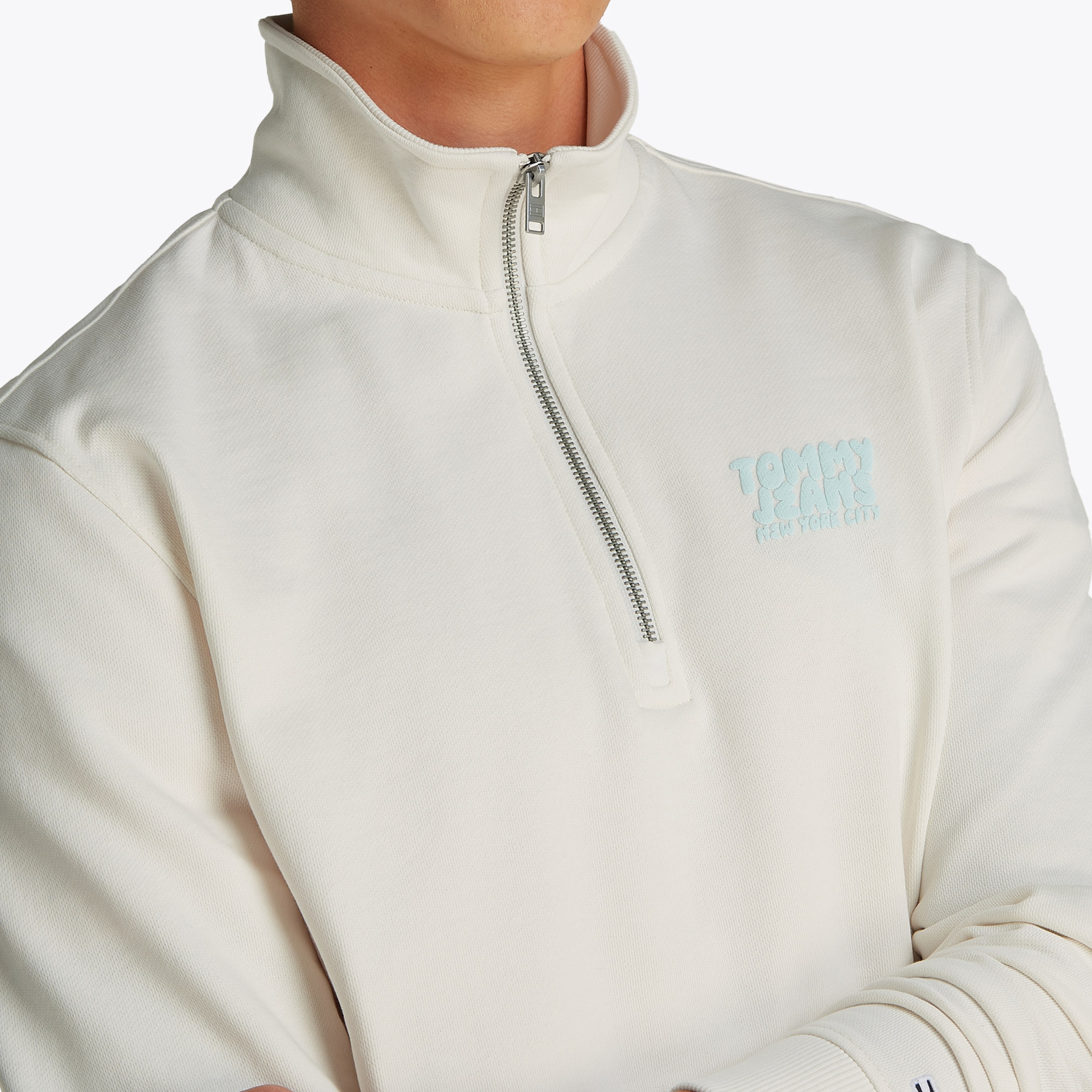 Tommy Jeans Reg Bubble Qrtr Zip Frnt/Bck Erkek Beyaz Sweatshirt