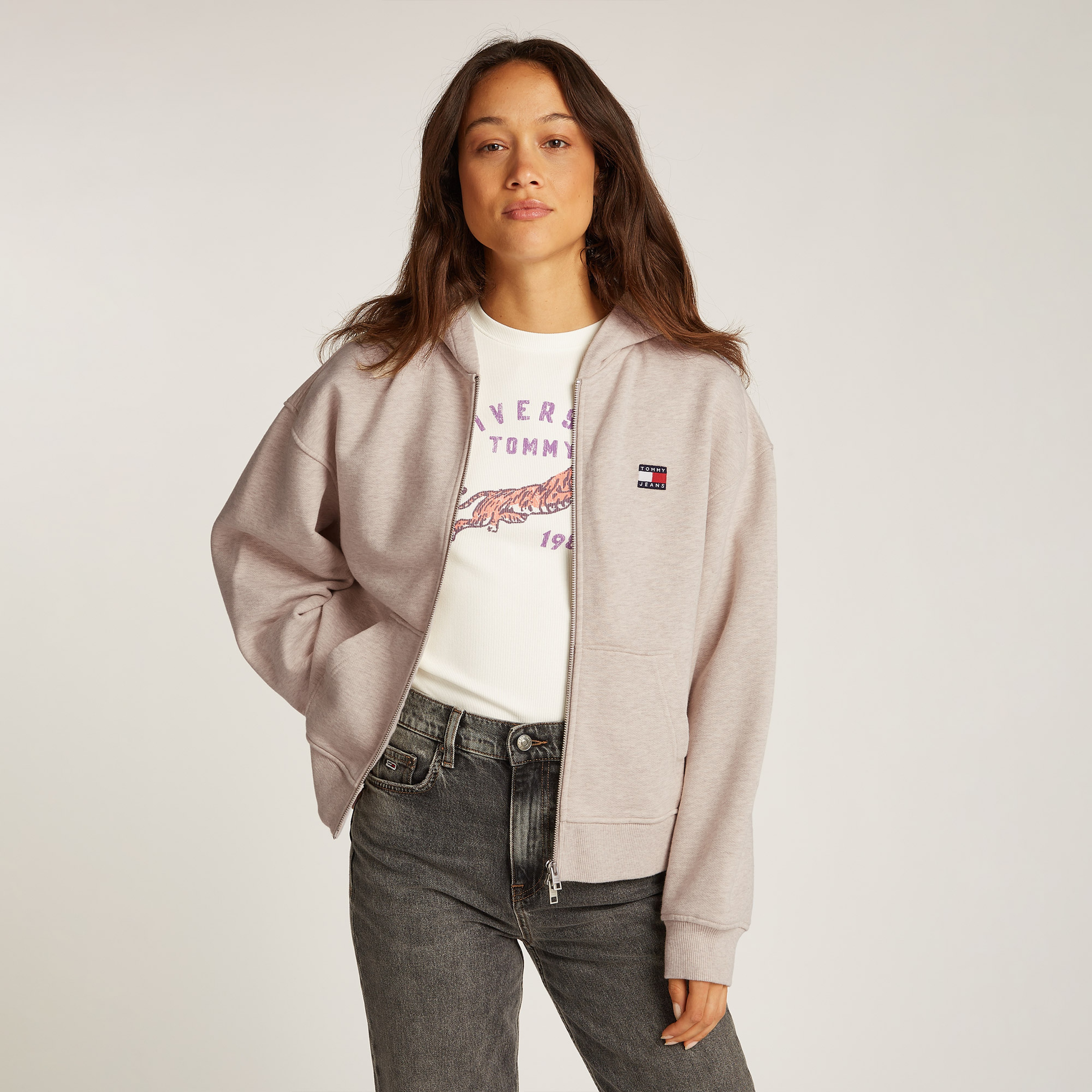 Tommy Jeans Boxy Badge Zip Ext Kadın Bej Sweatshirt