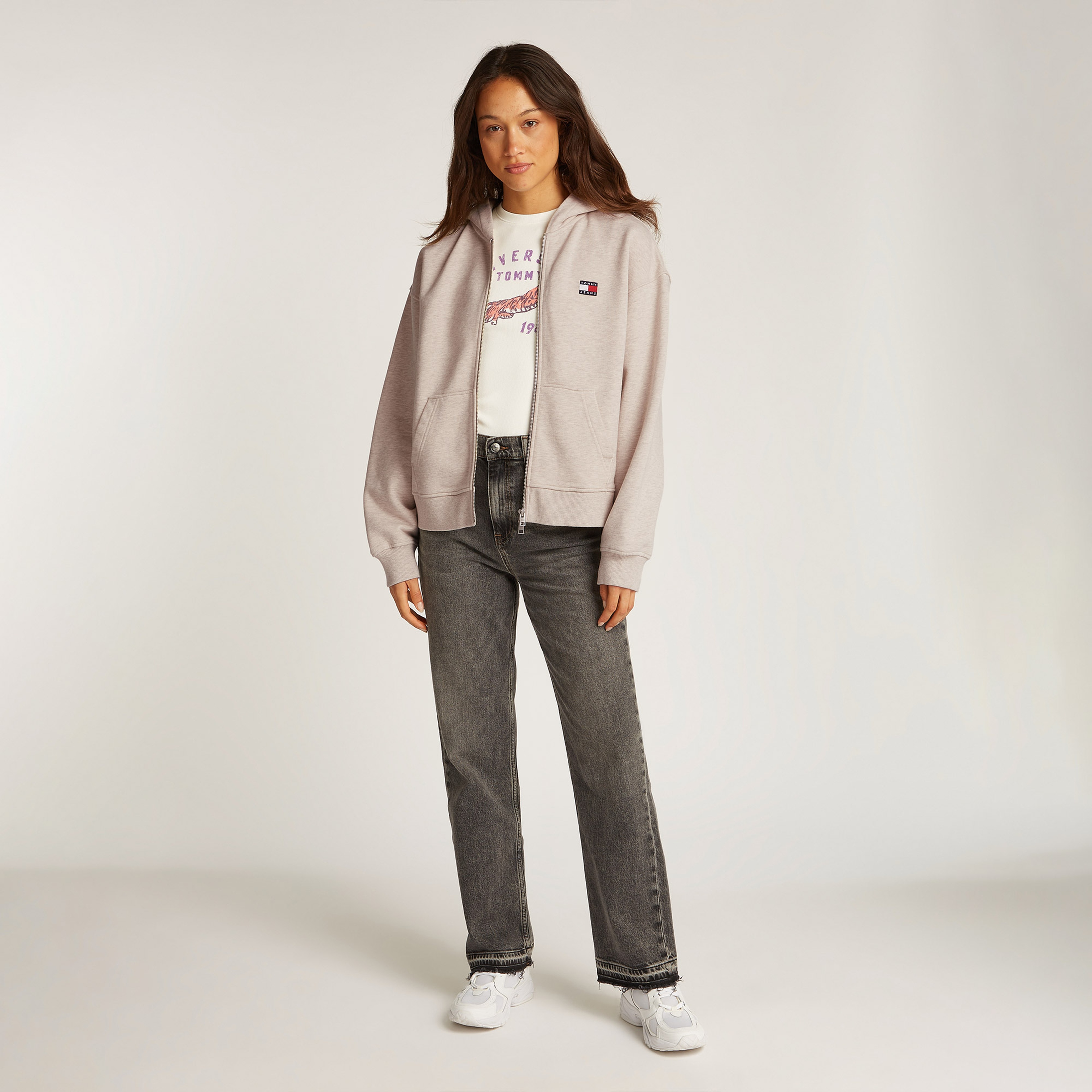 Tommy Jeans Boxy Badge Zip Ext Kadın Bej Sweatshirt