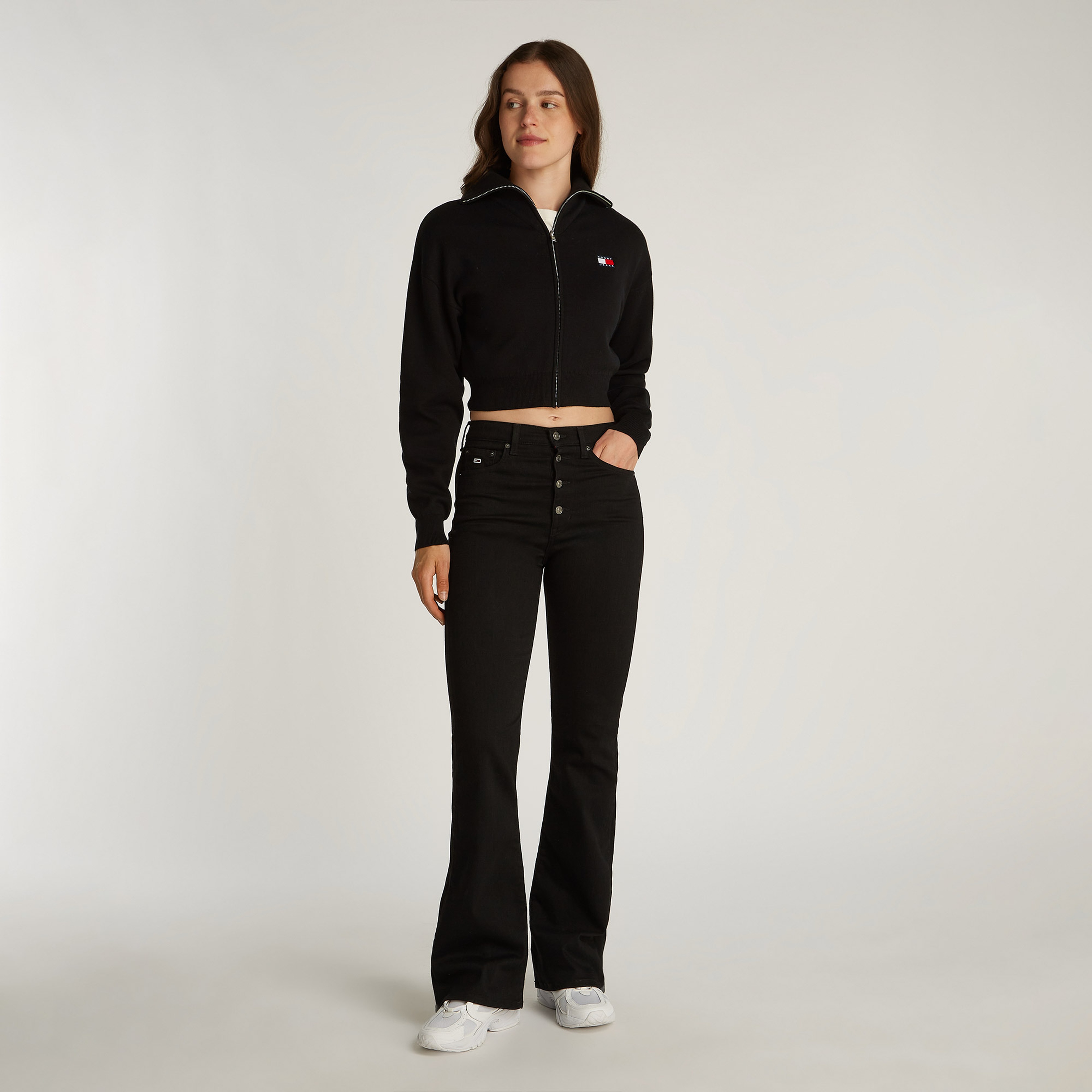 Tommy Jeans Crp Badge Zip Thru Cardigan Kadın Siyah Kazak