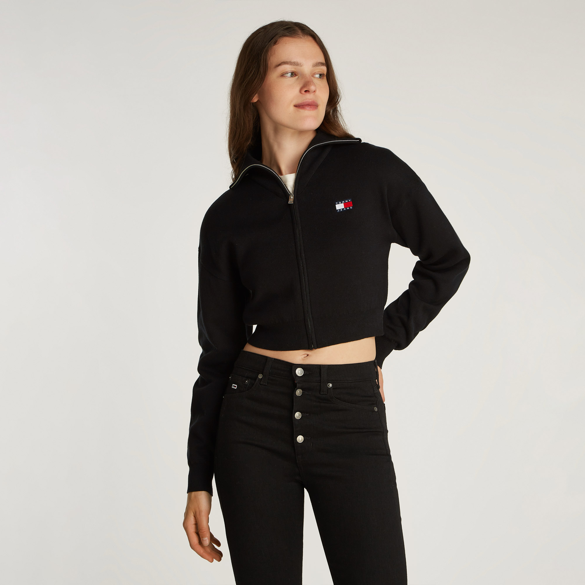 Tommy Jeans Crp Badge Zip Thru Cardigan Kadın Siyah Kazak