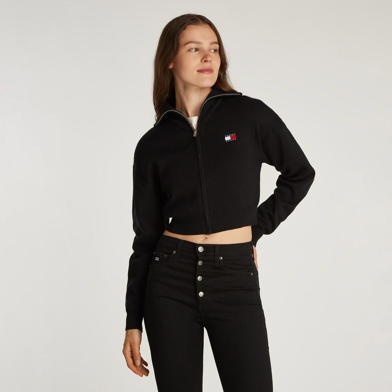 Tommy Jeans Crp Badge Zip Thru Cardigan Kadın Siyah Kazak